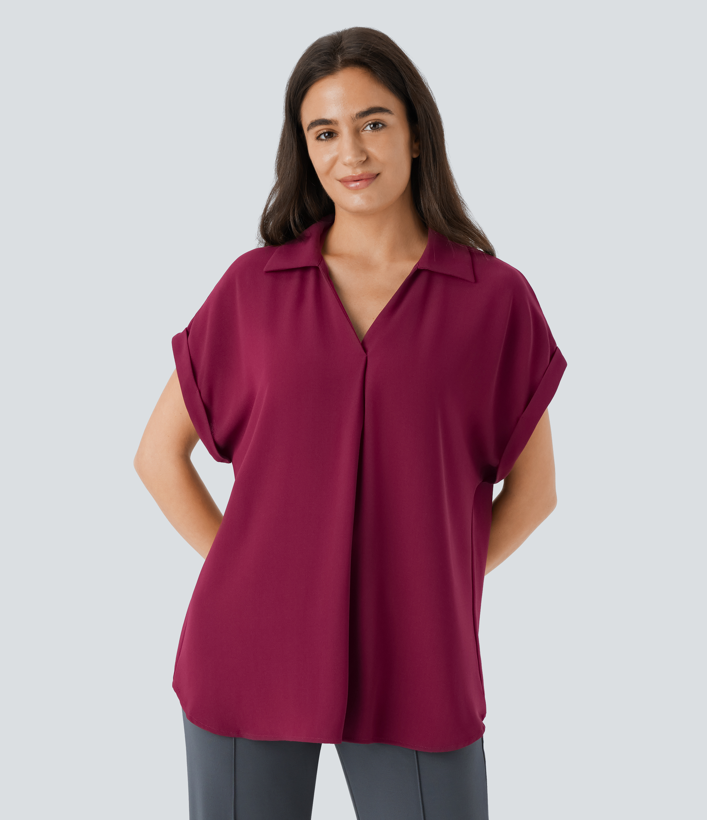 Halara Collared V Neck Short Sleeve Curved Hem Work Shirt  - Beet Red - XL 