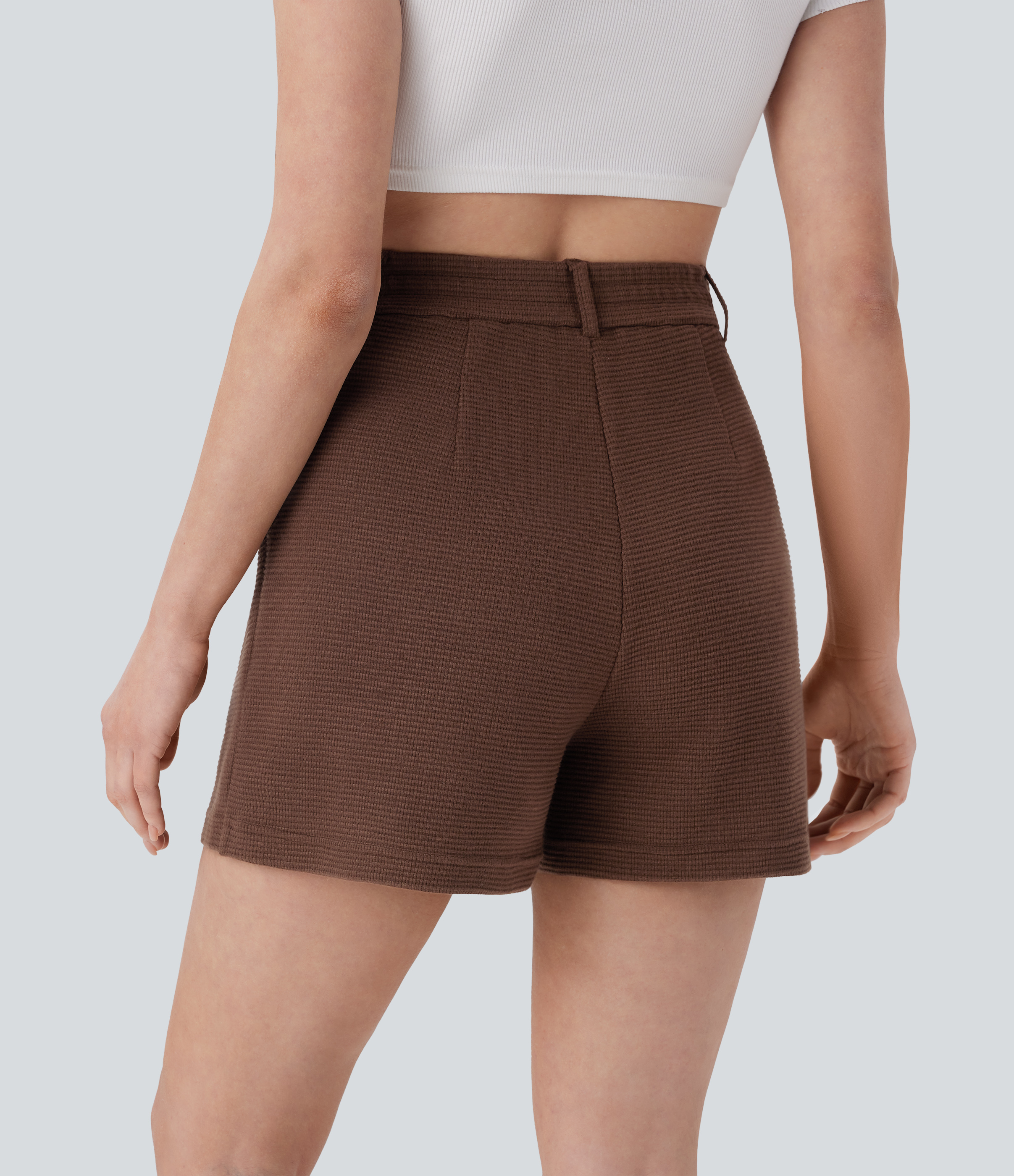 Halara High Waisted Side Pockets Waffle Casual Shorts  - Burnt Wood Brown - L booty shorts compression shorts yoga shorts 