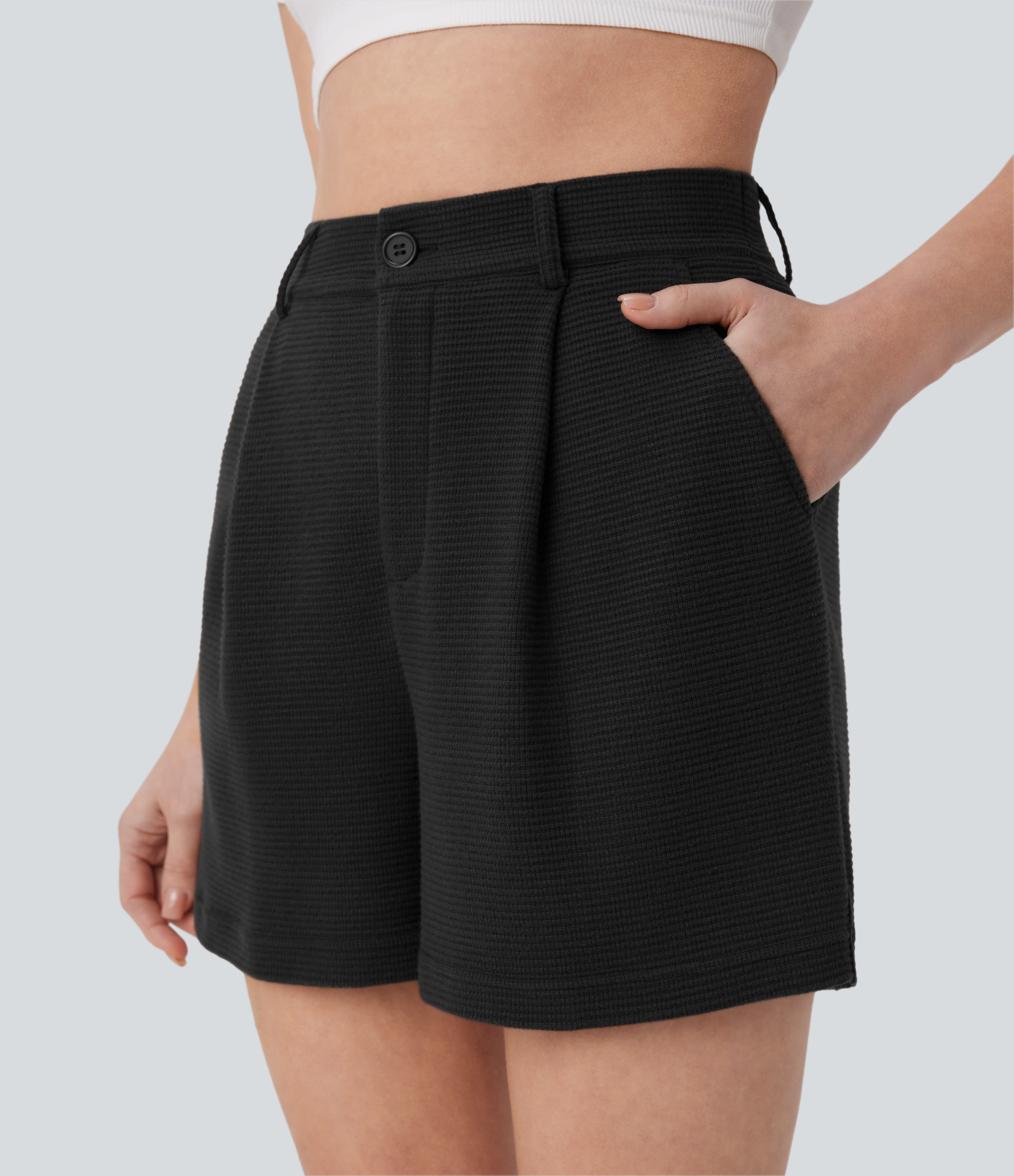 Halara High Waisted Side Pockets Waffle Casual Shorts  - Black - XS booty shorts compression shorts yoga shorts 