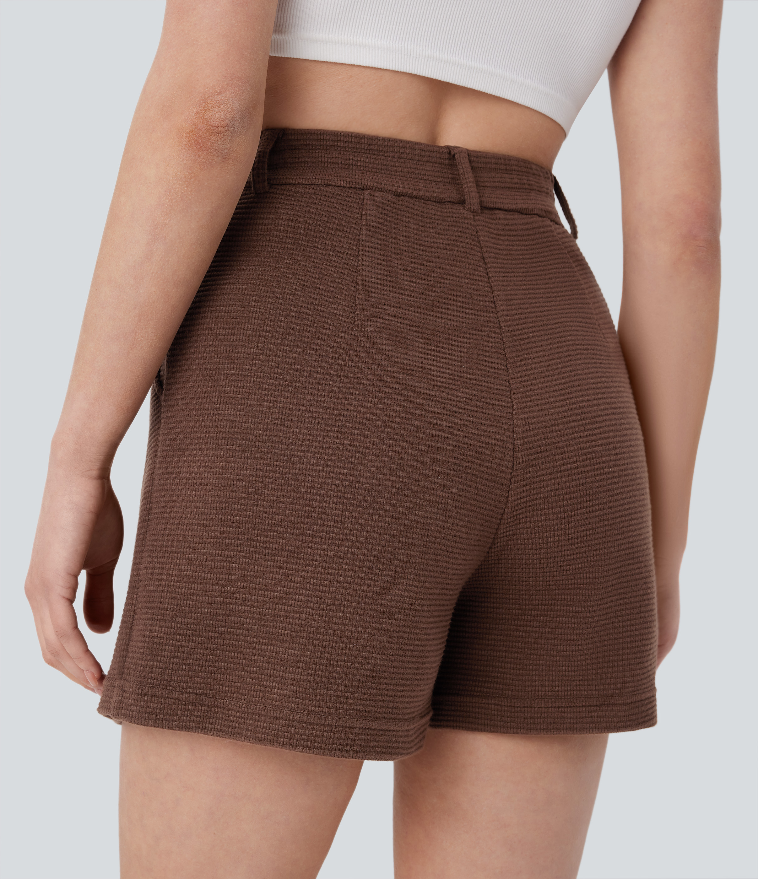 Halara High Waisted Side Pockets Waffle Casual Shorts  - Burnt Wood Brown - L booty shorts compression shorts yoga shorts 