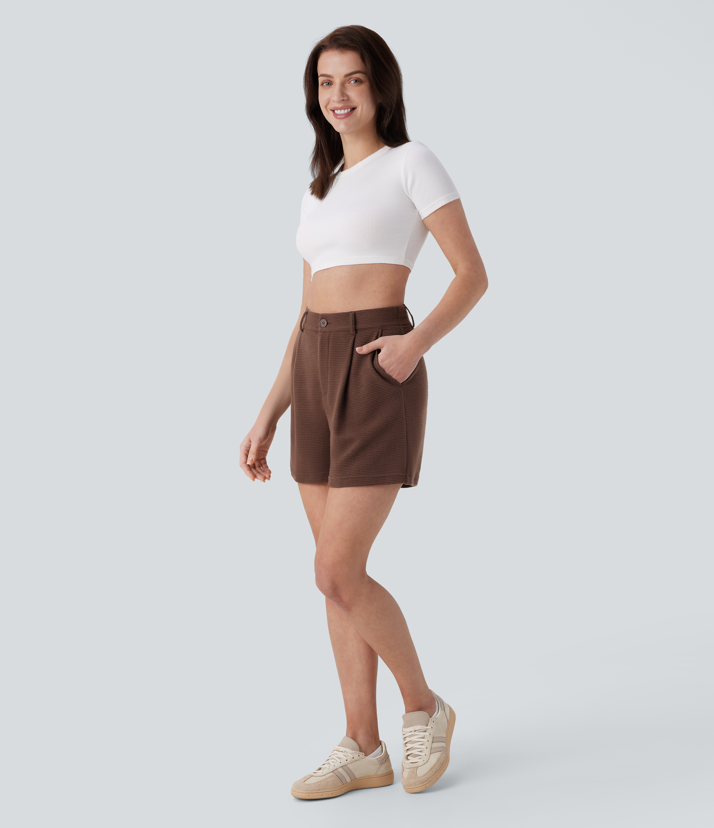 Halara High Waisted Side Pockets Waffle Casual Shorts  - Burnt Wood Brown - L booty shorts compression shorts yoga shorts 