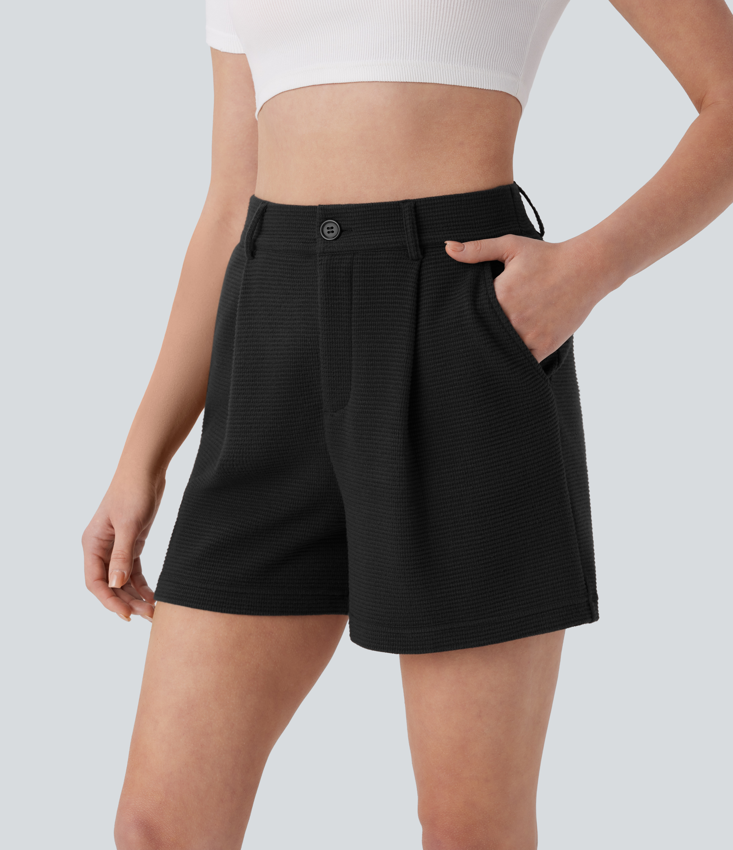 Halara High Waisted Side Pockets Waffle Casual Shorts  - Black - XS booty shorts compression shorts yoga shorts 