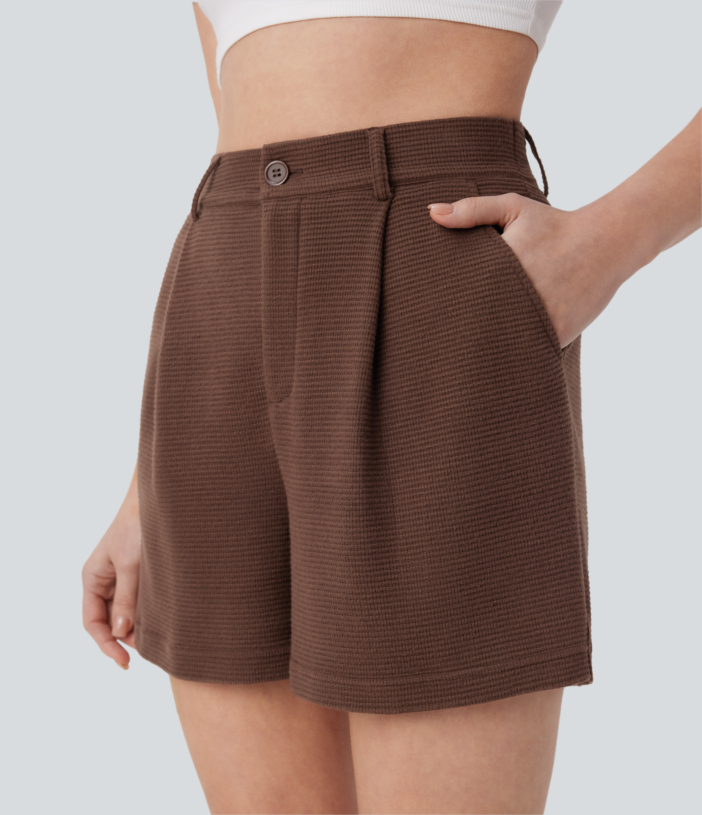 Halara High Waisted Side Pockets Waffle Casual Shorts  - Burnt Wood Brown - L booty shorts compression shorts yoga shorts 