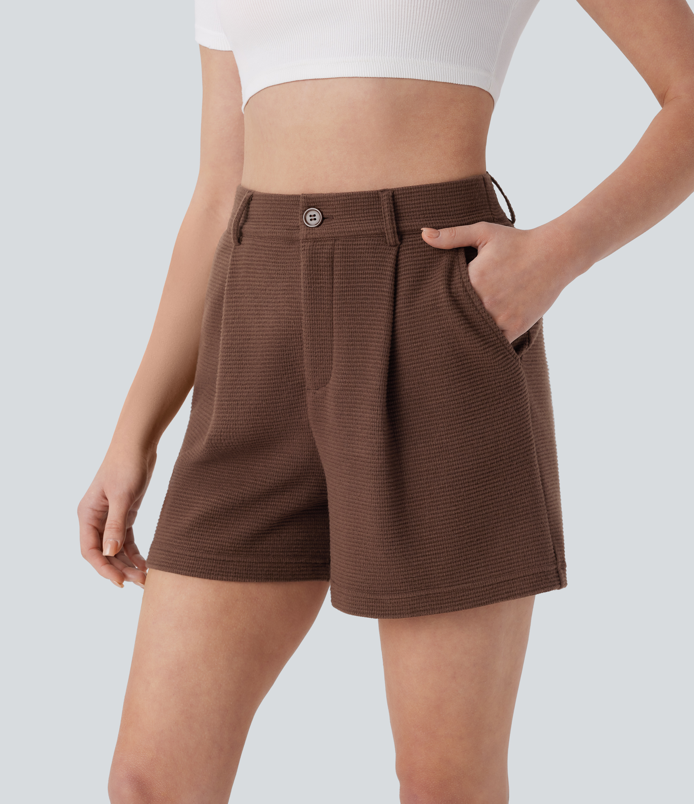 Halara High Waisted Side Pockets Waffle Casual Shorts  - Burnt Wood Brown - L booty shorts compression shorts yoga shorts 
