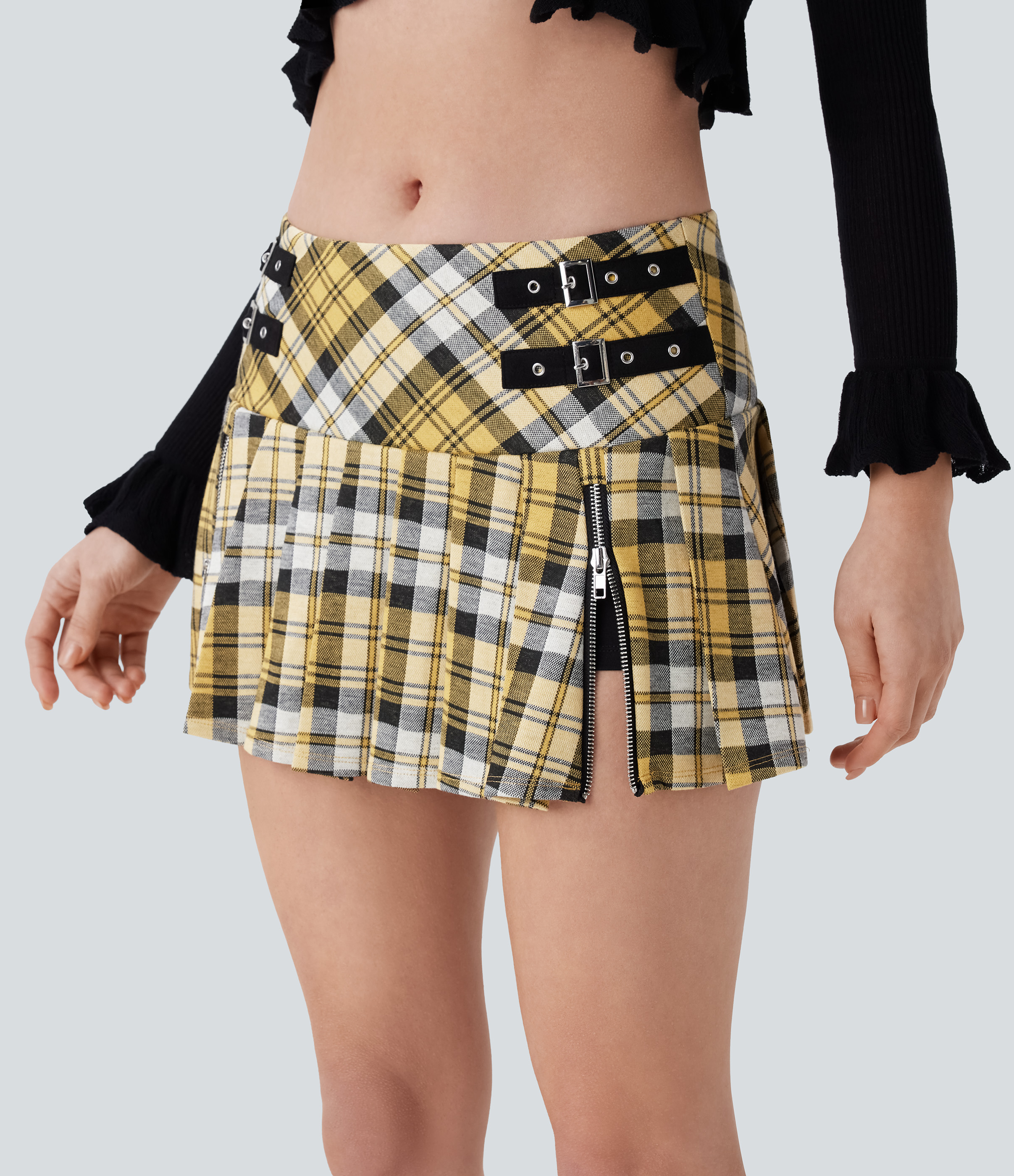 Halara Mid Low Rise Decorative Buckle Zipper Split 2-in-1 Plaid Pleated Mini Resort Skirt  - Beige Yellow Plaid - L(regular) 