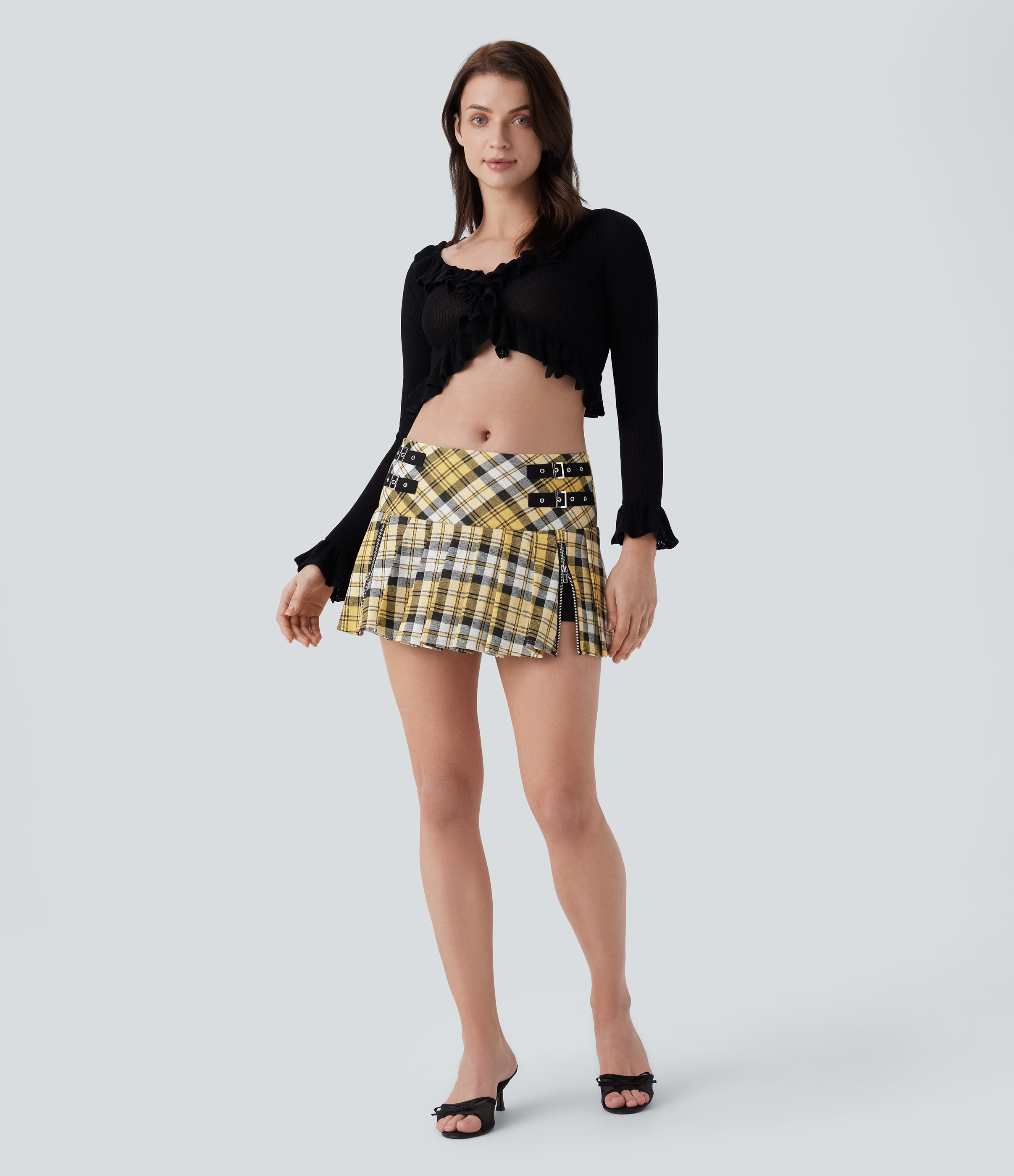 Halara Mid Low Rise Decorative Buckle Zipper Split 2-in-1 Plaid Pleated Mini Resort Skirt  - Beige Yellow Plaid - L(regular) 