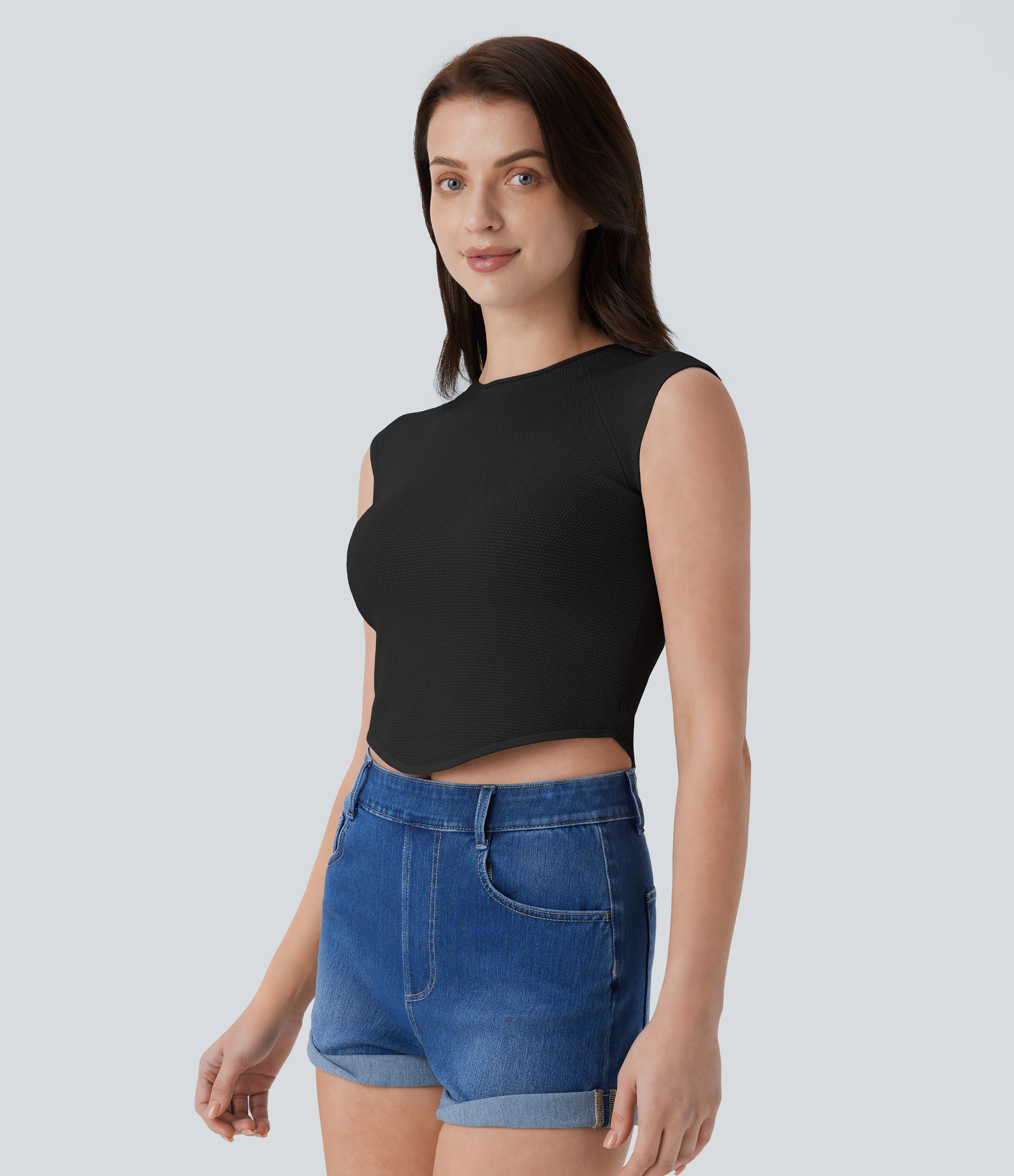 Halara Round Neck Curved Hem Skinny Cropped Casual Knit Tank Top  - Black - L 
