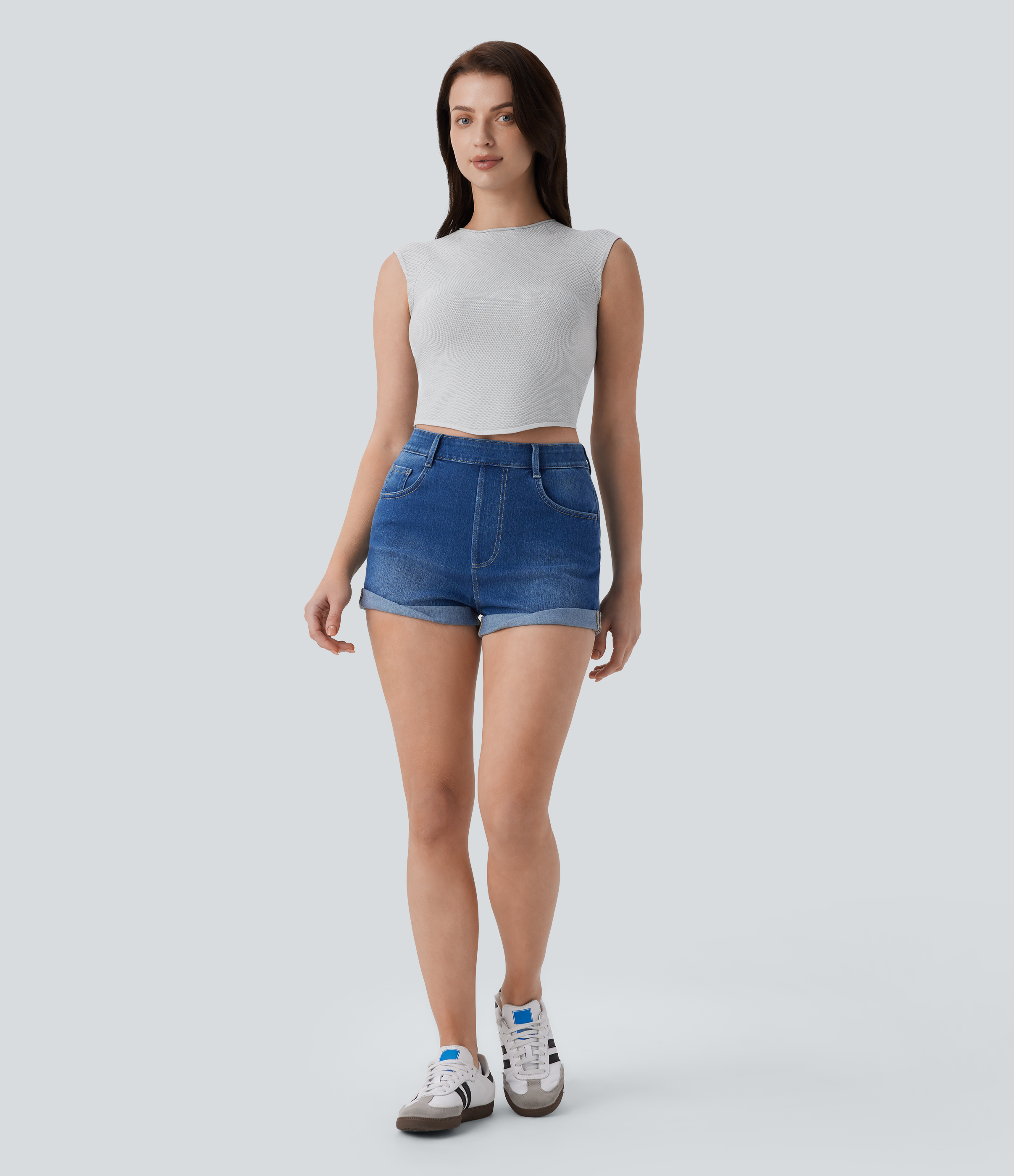 Halara Round Neck Curved Hem Skinny Cropped Casual Knit Tank Top  - Glacier Gray - M 