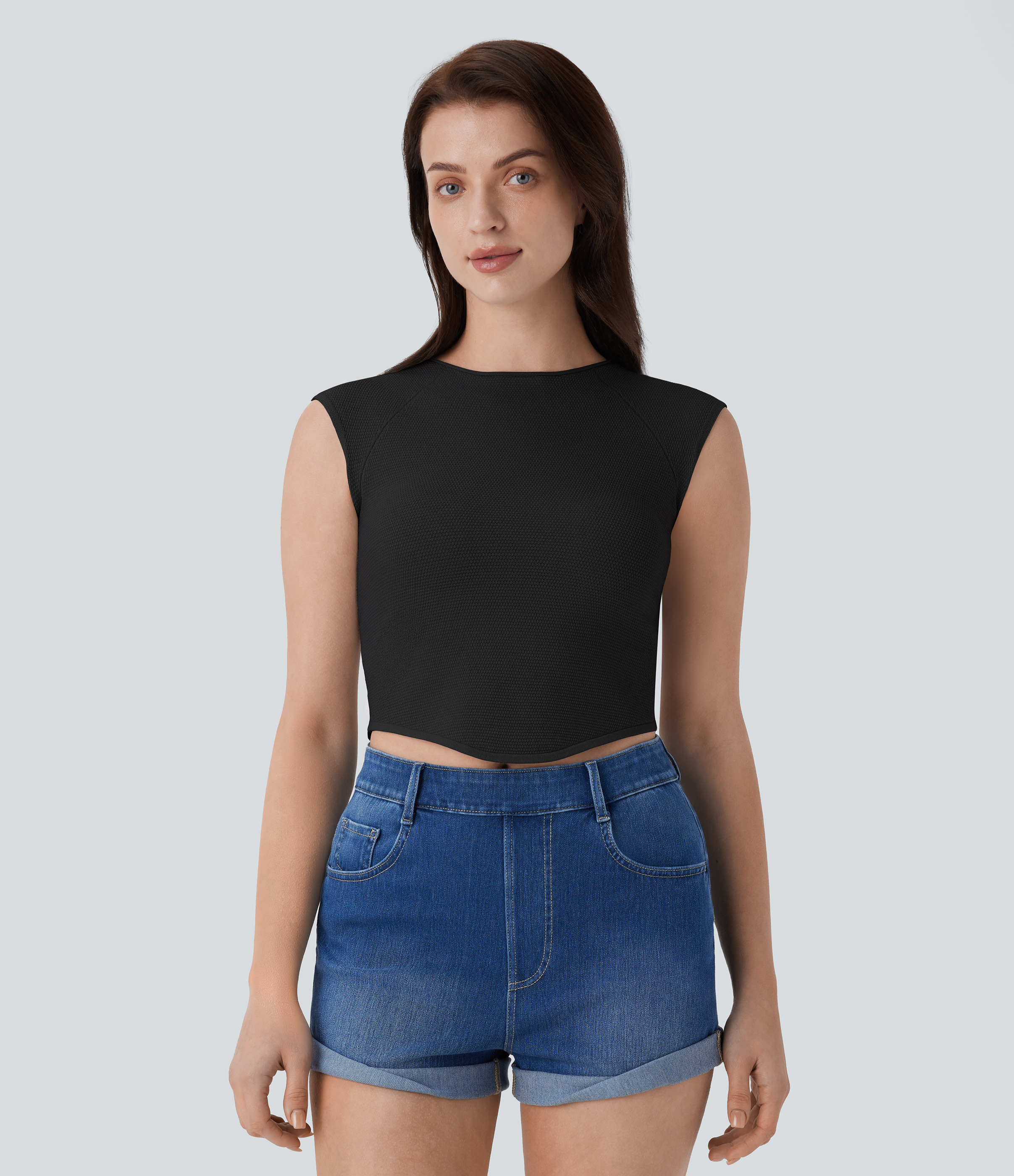 Halara Round Neck Curved Hem Skinny Cropped Casual Knit Tank Top  - Black - L 