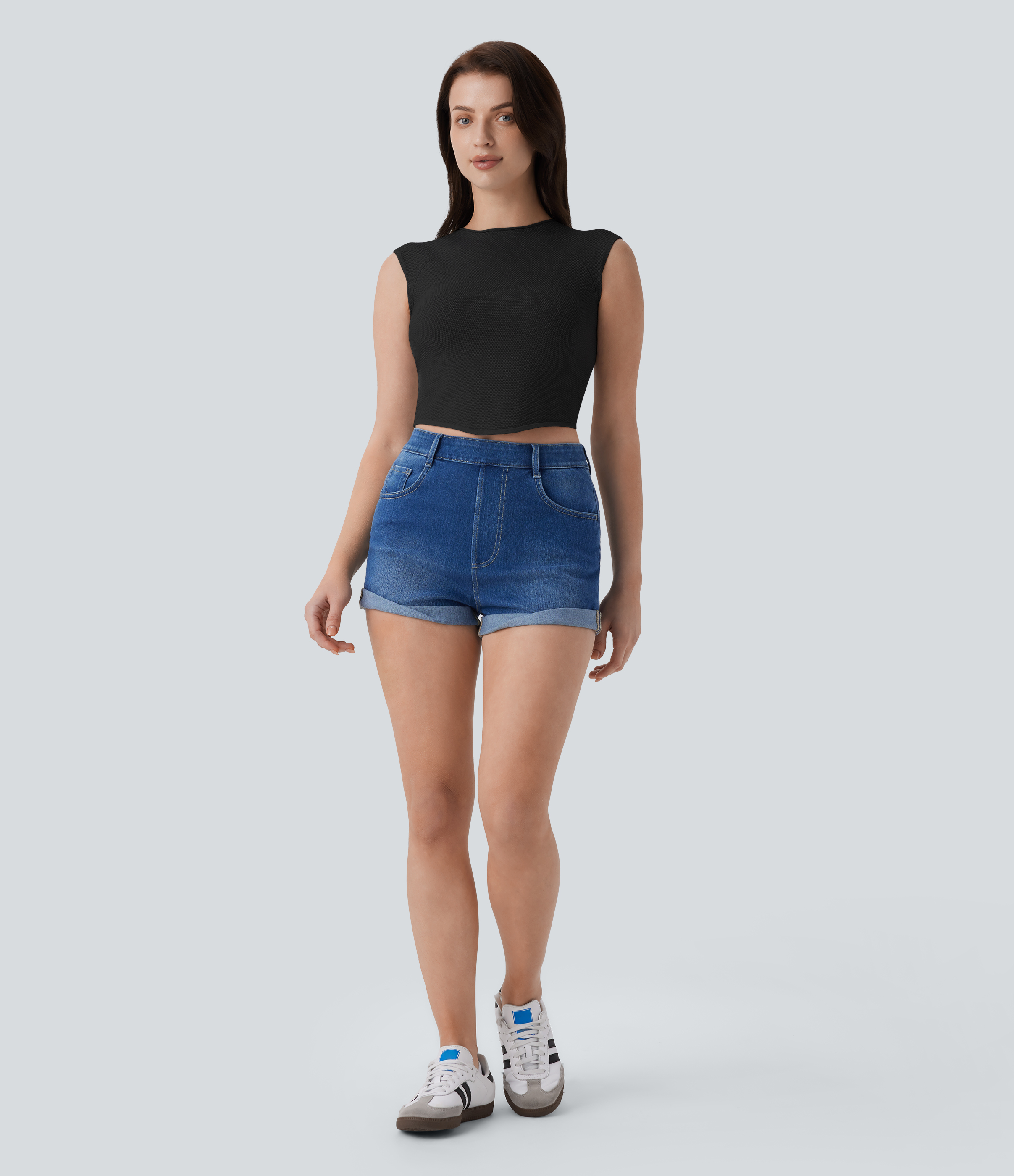 Halara Round Neck Curved Hem Skinny Cropped Casual Knit Tank Top  - Black - L 
