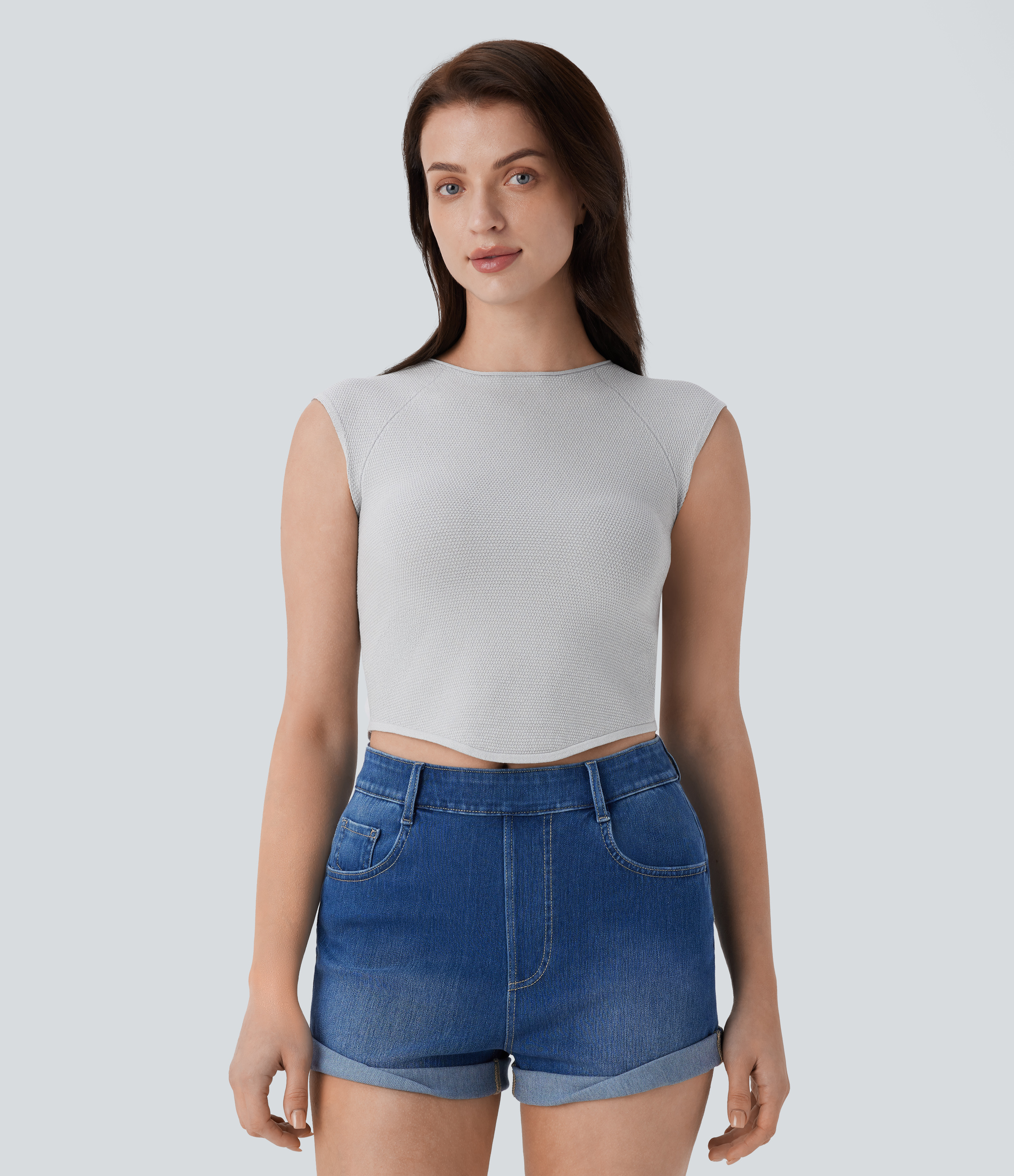 Halara Round Neck Curved Hem Skinny Cropped Casual Knit Tank Top  - Glacier Gray - M 