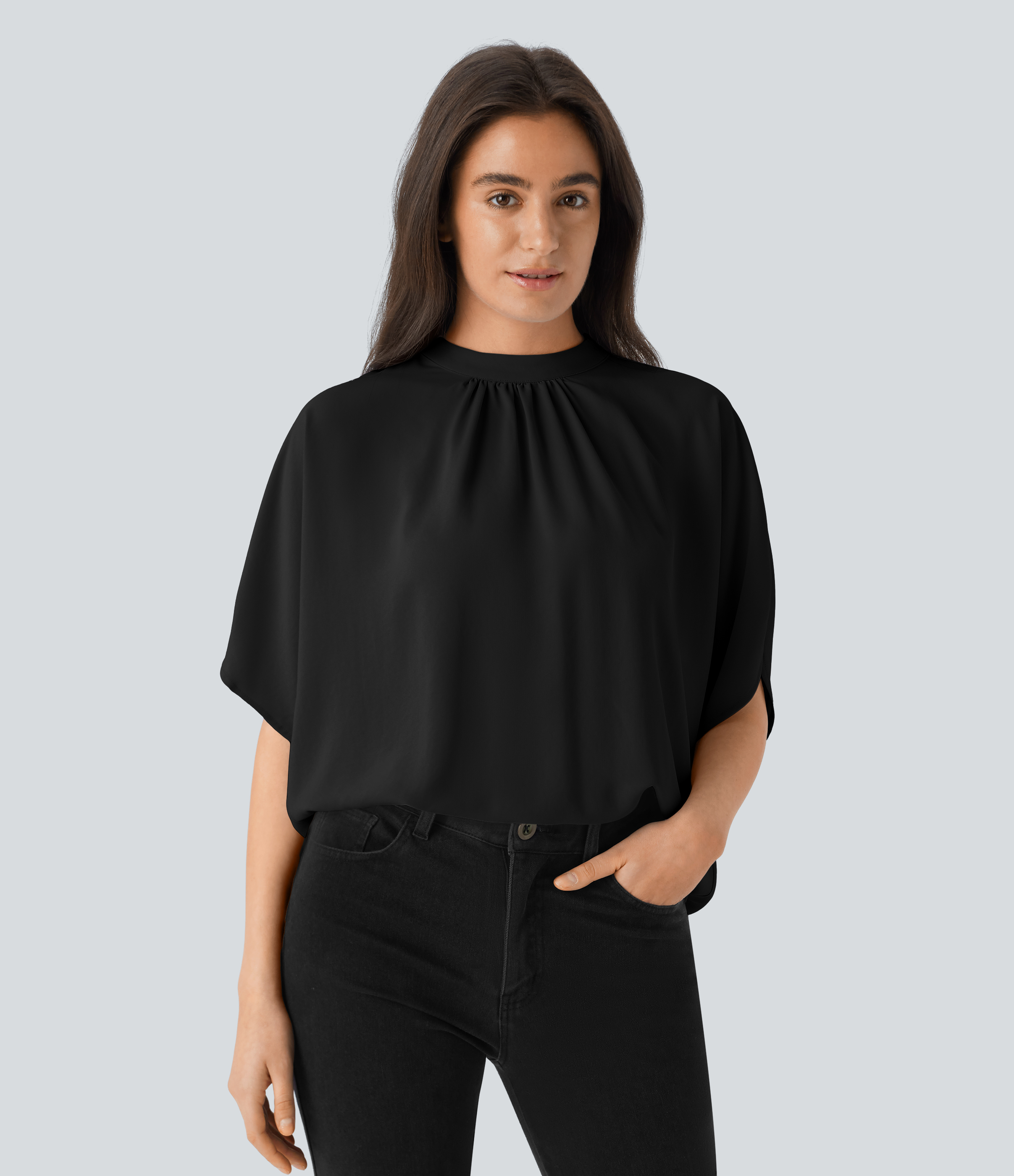 Halara Stand Collar Tie Back Oversize Casual Top Tank Top - Black - M golf tops halter top tunic tops sleeveless tops backless top 