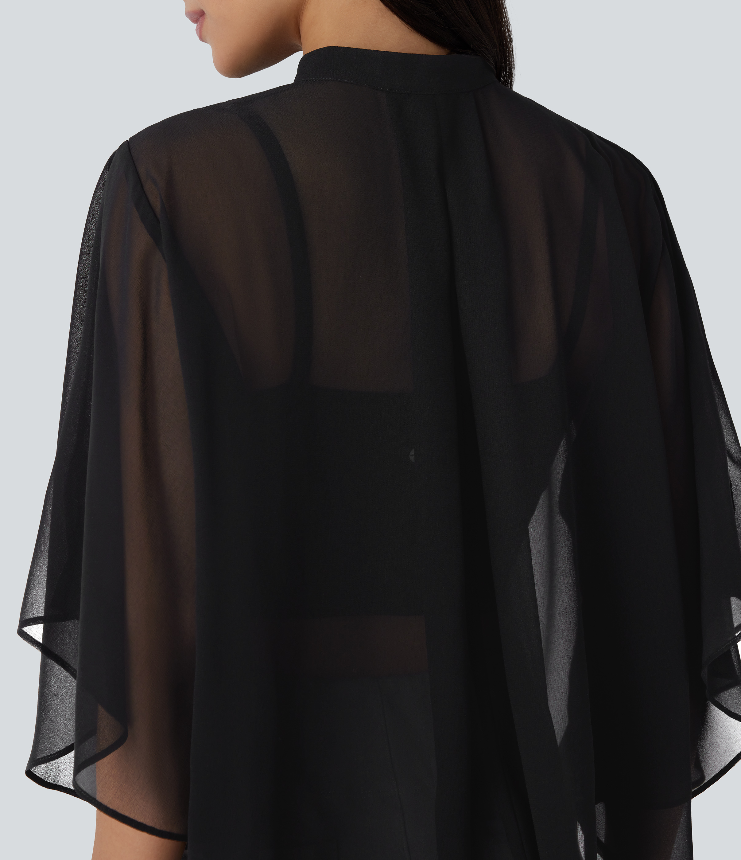 Halara Sheer Button Elbow Sleeve Flowy Work Shirt  - Black - XS 