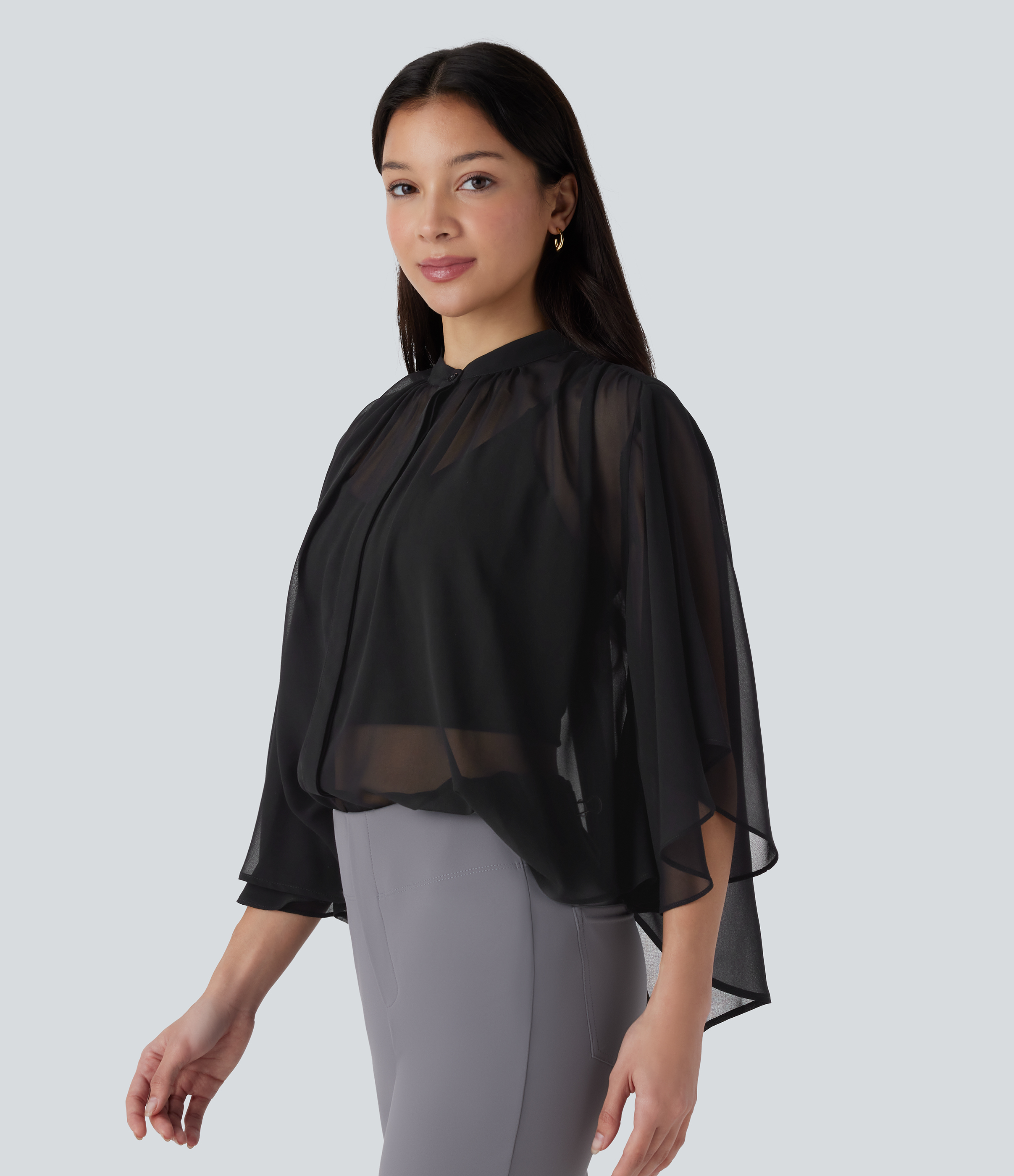 Halara Sheer Button Elbow Sleeve Flowy Work Shirt  - Black - XS 
