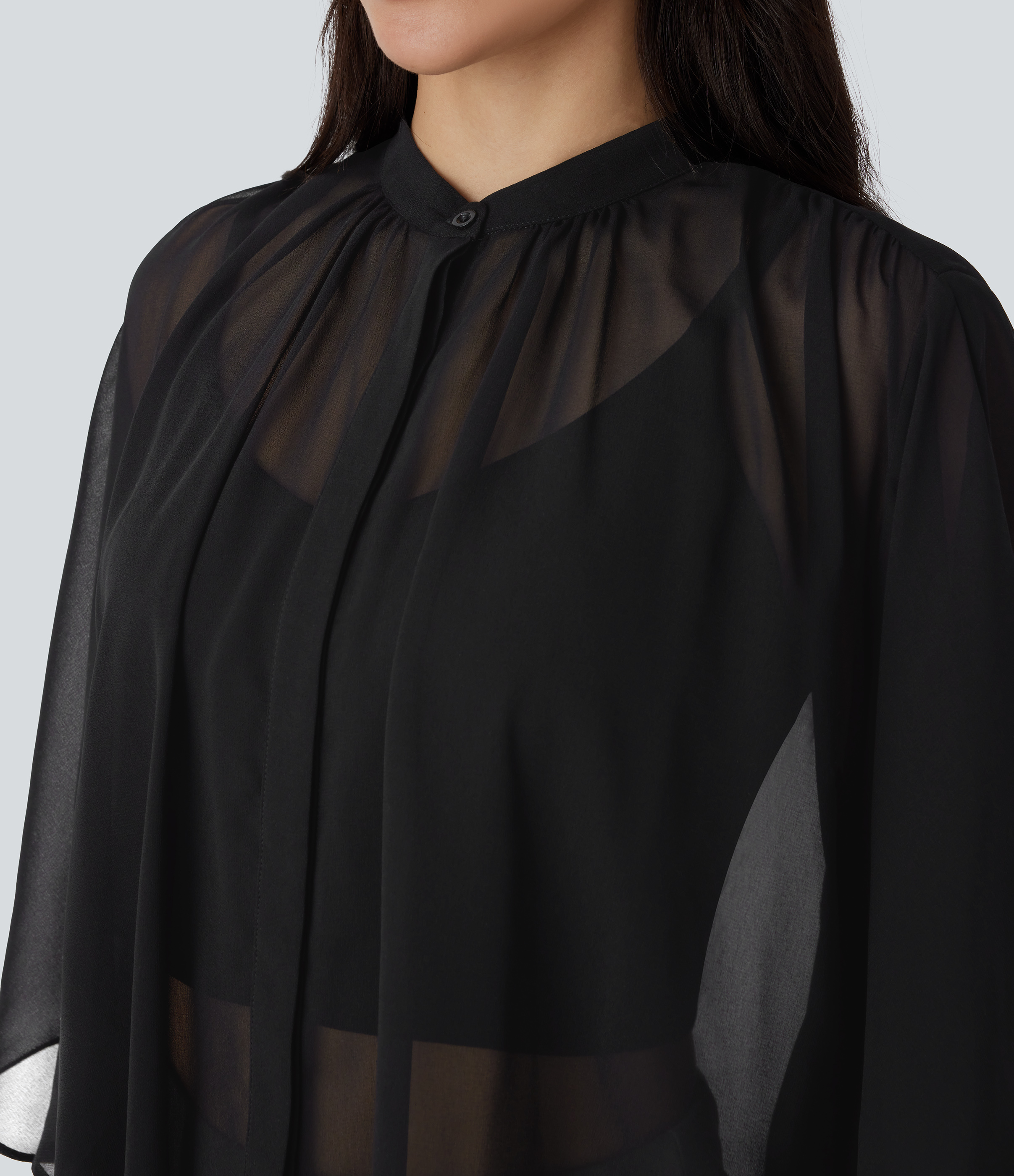 Halara Sheer Button Elbow Sleeve Flowy Work Shirt  - Black - XS 