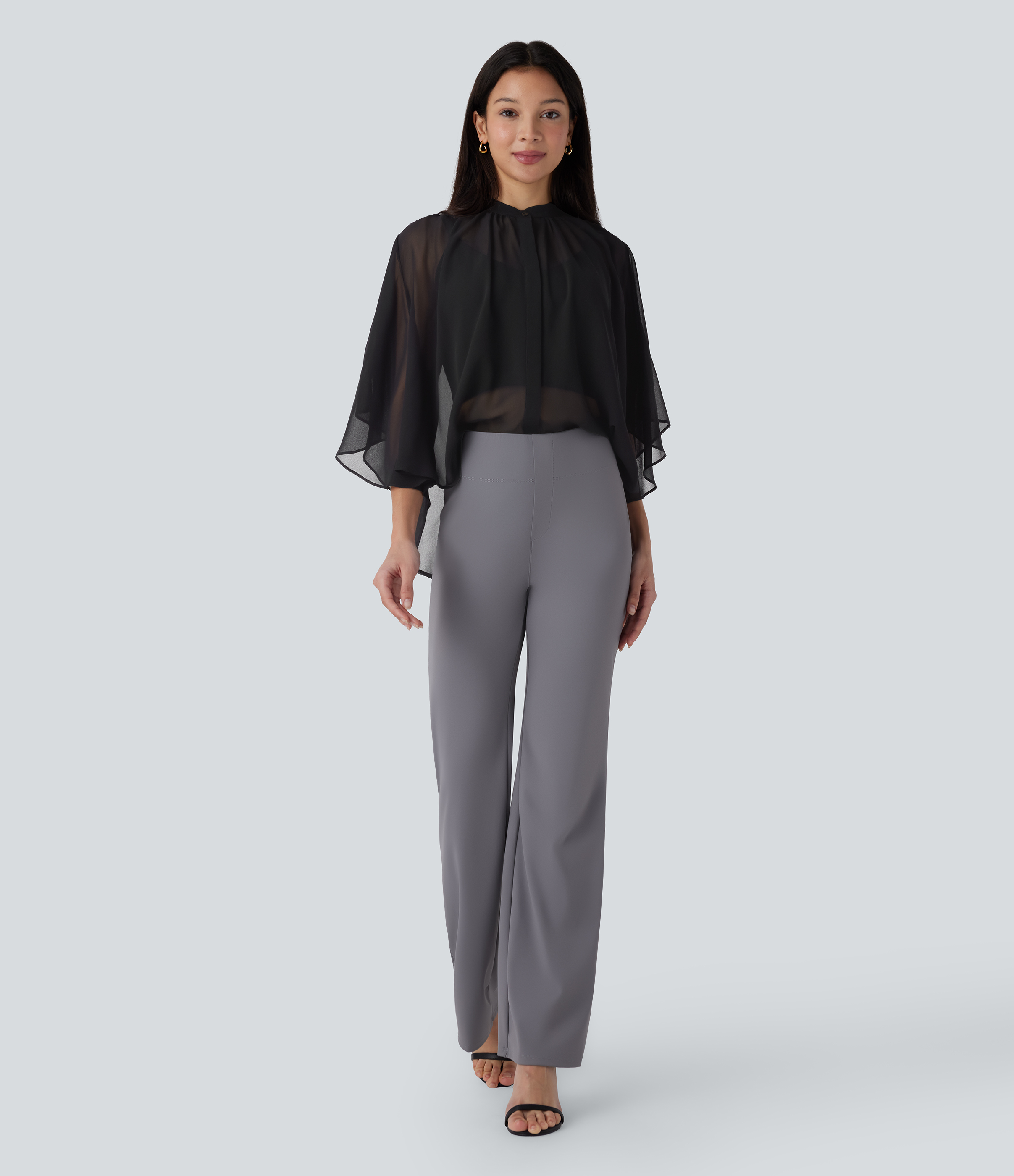 Halara Sheer Button Elbow Sleeve Flowy Work Shirt  - Black - XS 