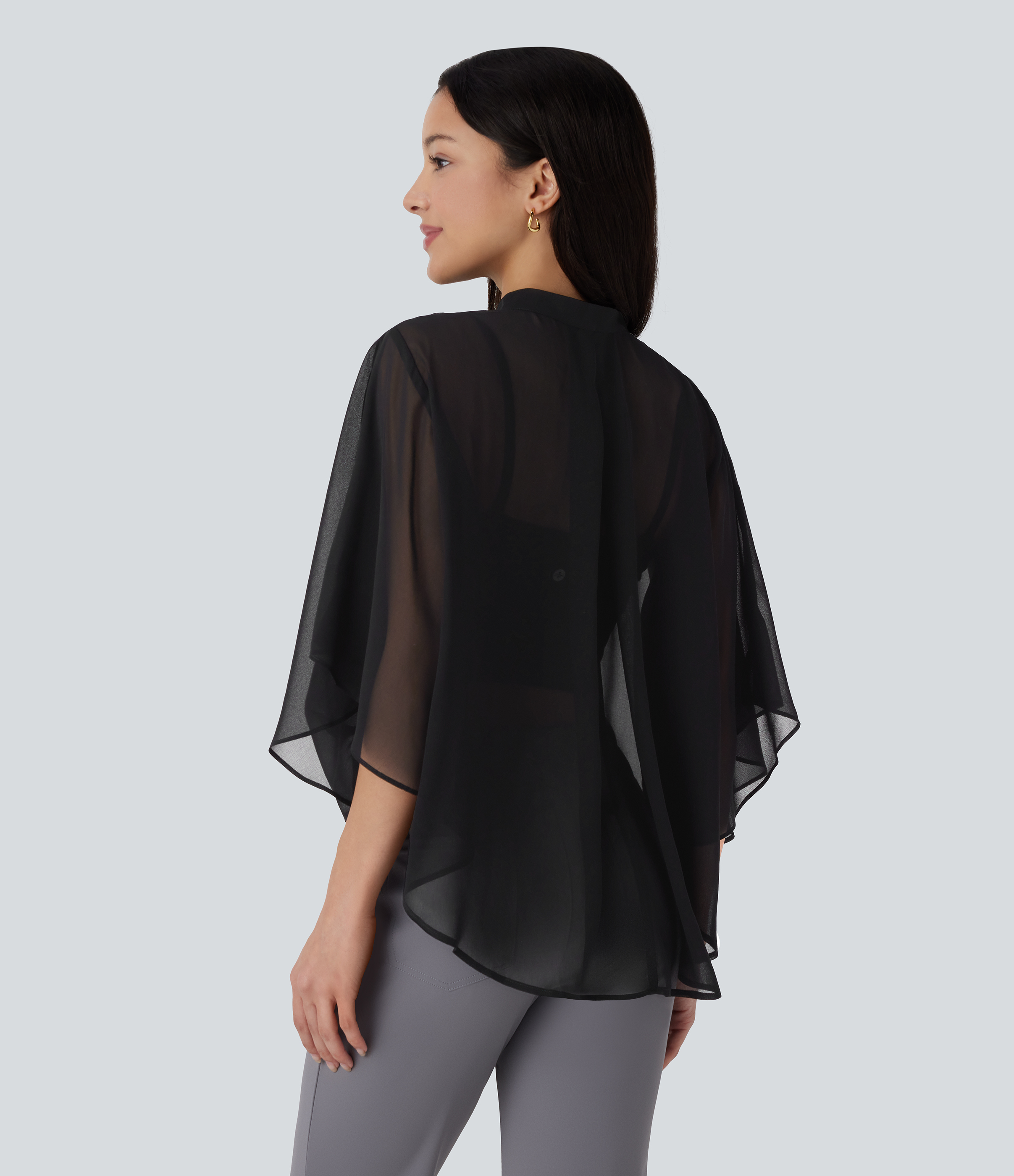 Halara Sheer Button Elbow Sleeve Flowy Work Shirt  - Black - XS 