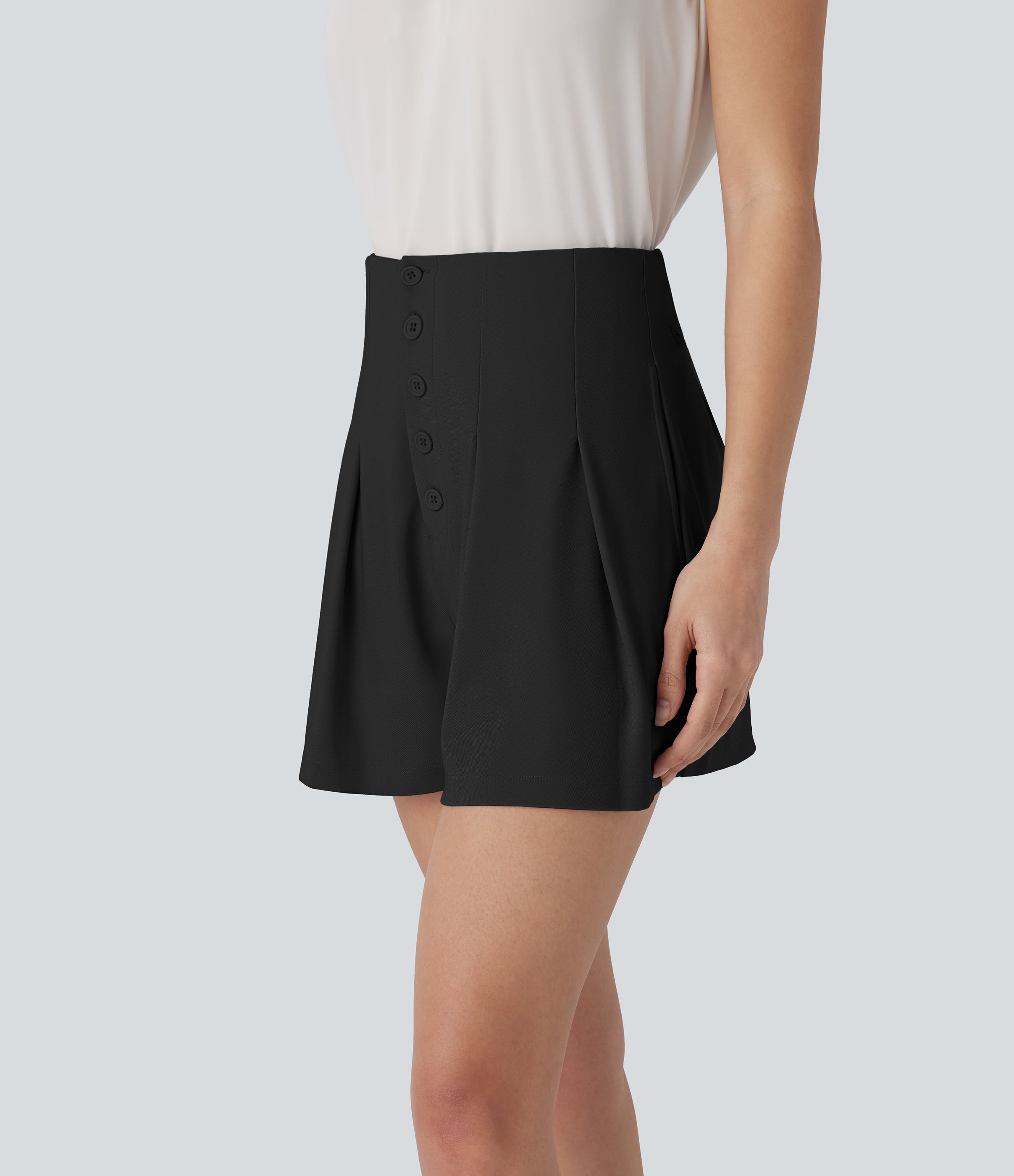 Halara High Waisted Button Side Pocket Work Shorts  - Black - M booty shorts compression shorts yoga shorts 