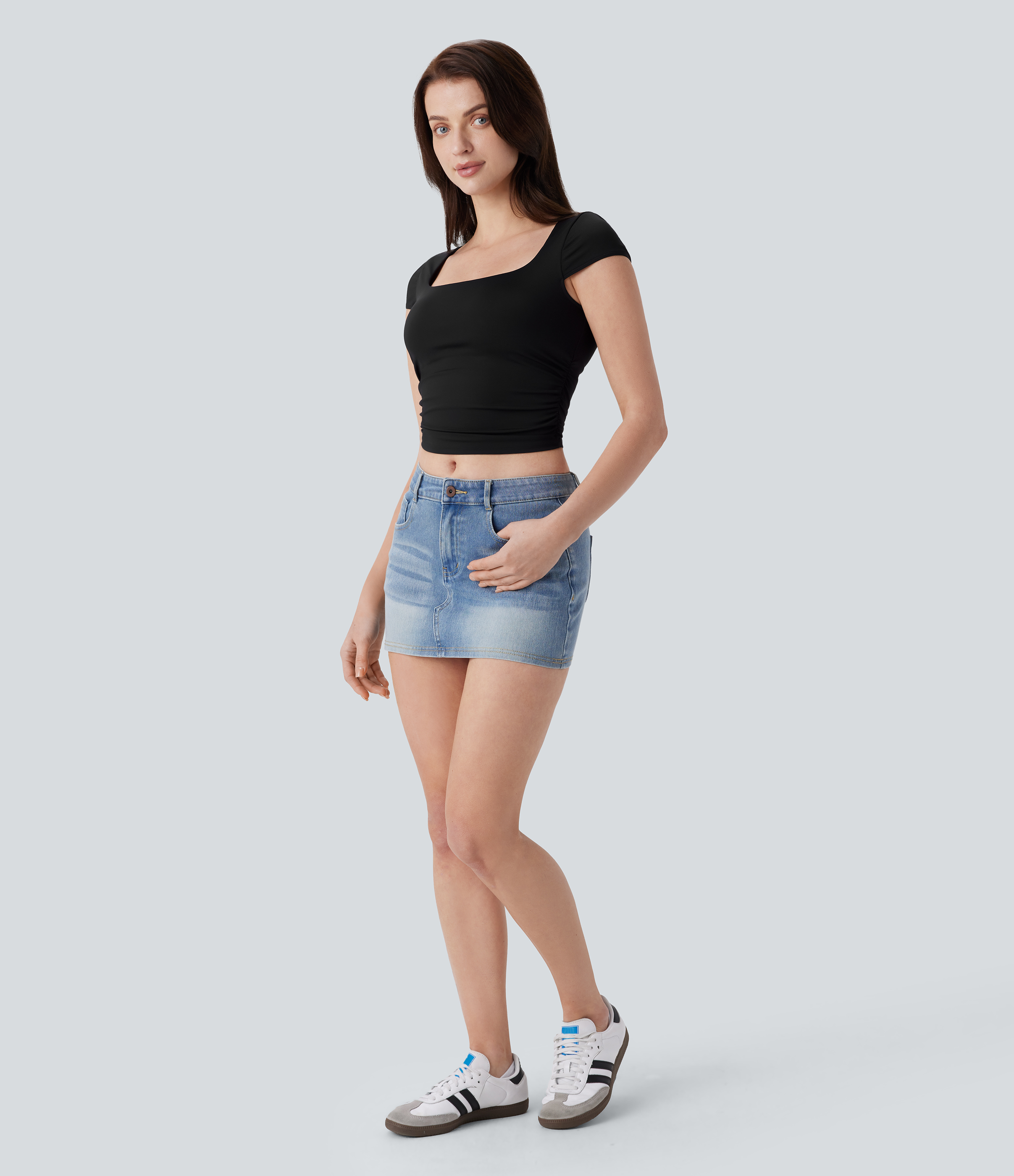 Halara Square Neck Cap Sleeve Ruched Skinny Cropped Casual Baby Tee Tank Top - Black - XL golf tops halter top tunic tops sleeveless tops 