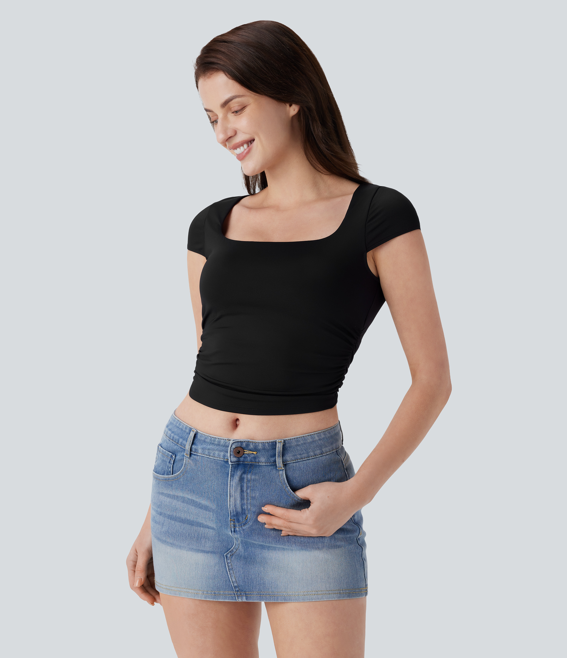 Halara Square Neck Cap Sleeve Ruched Skinny Cropped Casual Baby Tee Tank Top - Black - XL golf tops halter top tunic tops sleeveless tops 