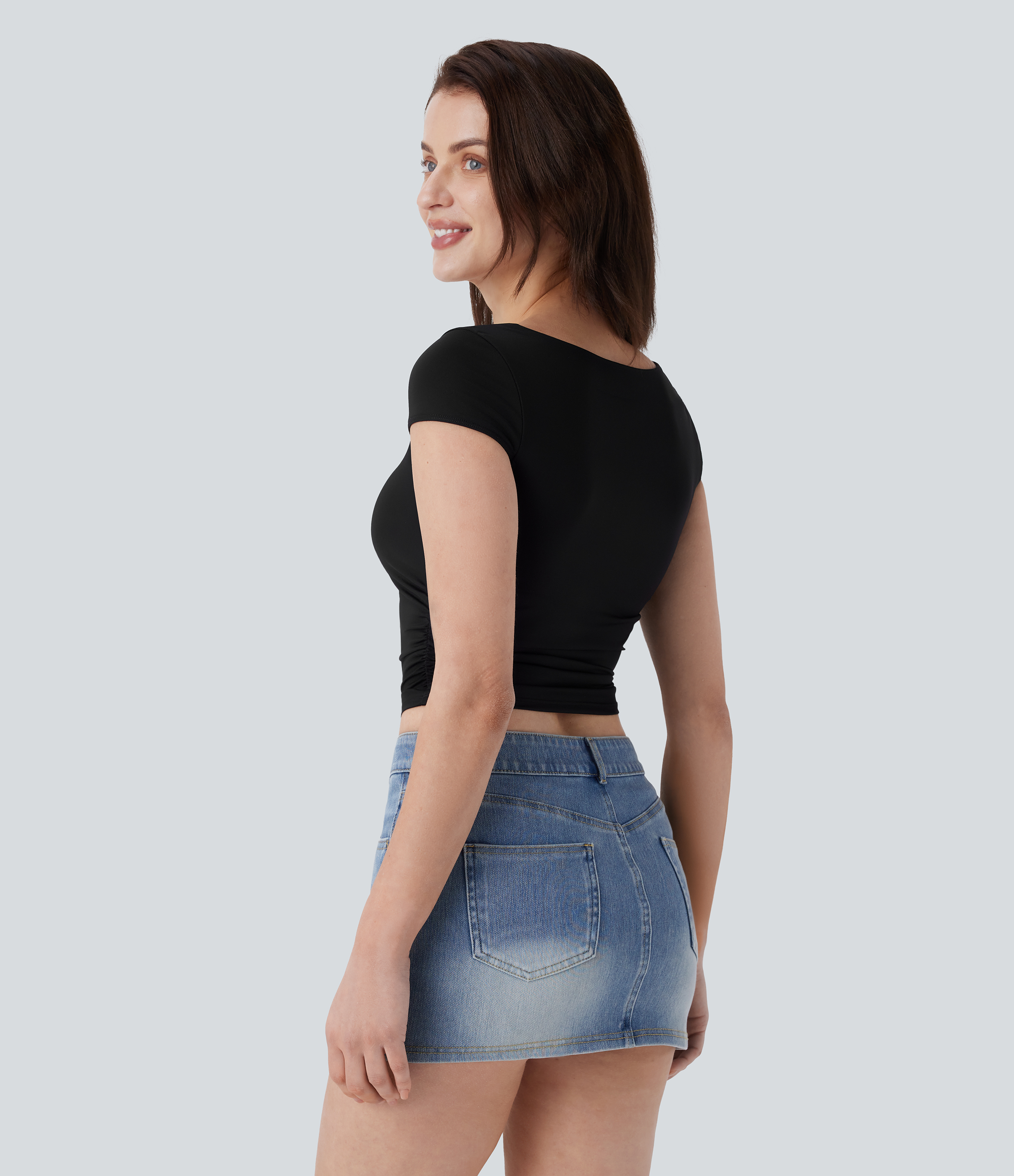 Halara Square Neck Cap Sleeve Ruched Skinny Cropped Casual Baby Tee Tank Top - Black - XL golf tops halter top tunic tops sleeveless tops 
