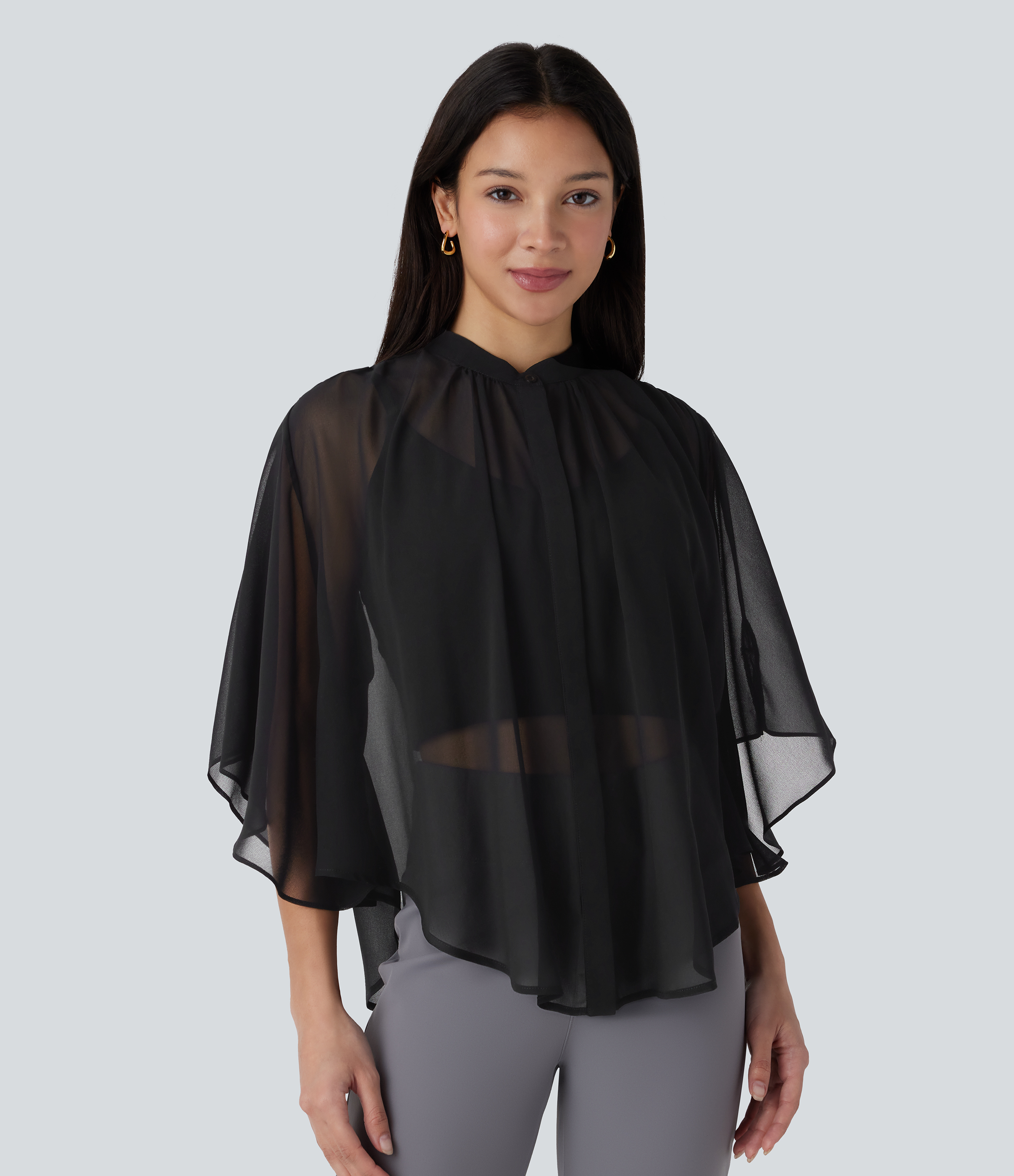 Halara Sheer Button Elbow Sleeve Flowy Work Shirt  - Black - XS 