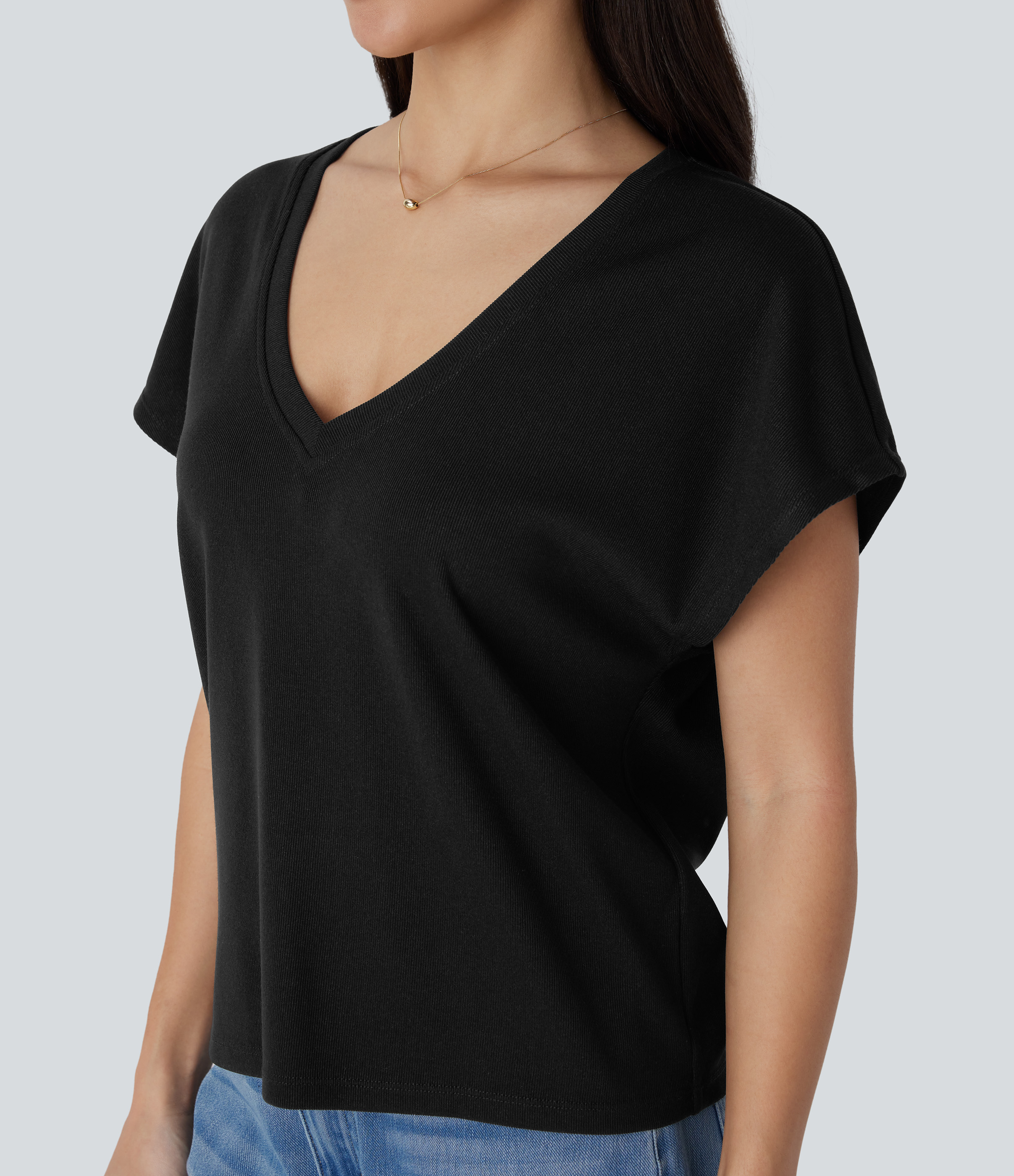 Halara V Neck Short Sleeve Casual Top Tank Top - Black - M golf tops halter top tunic tops sleeveless tops backless top 