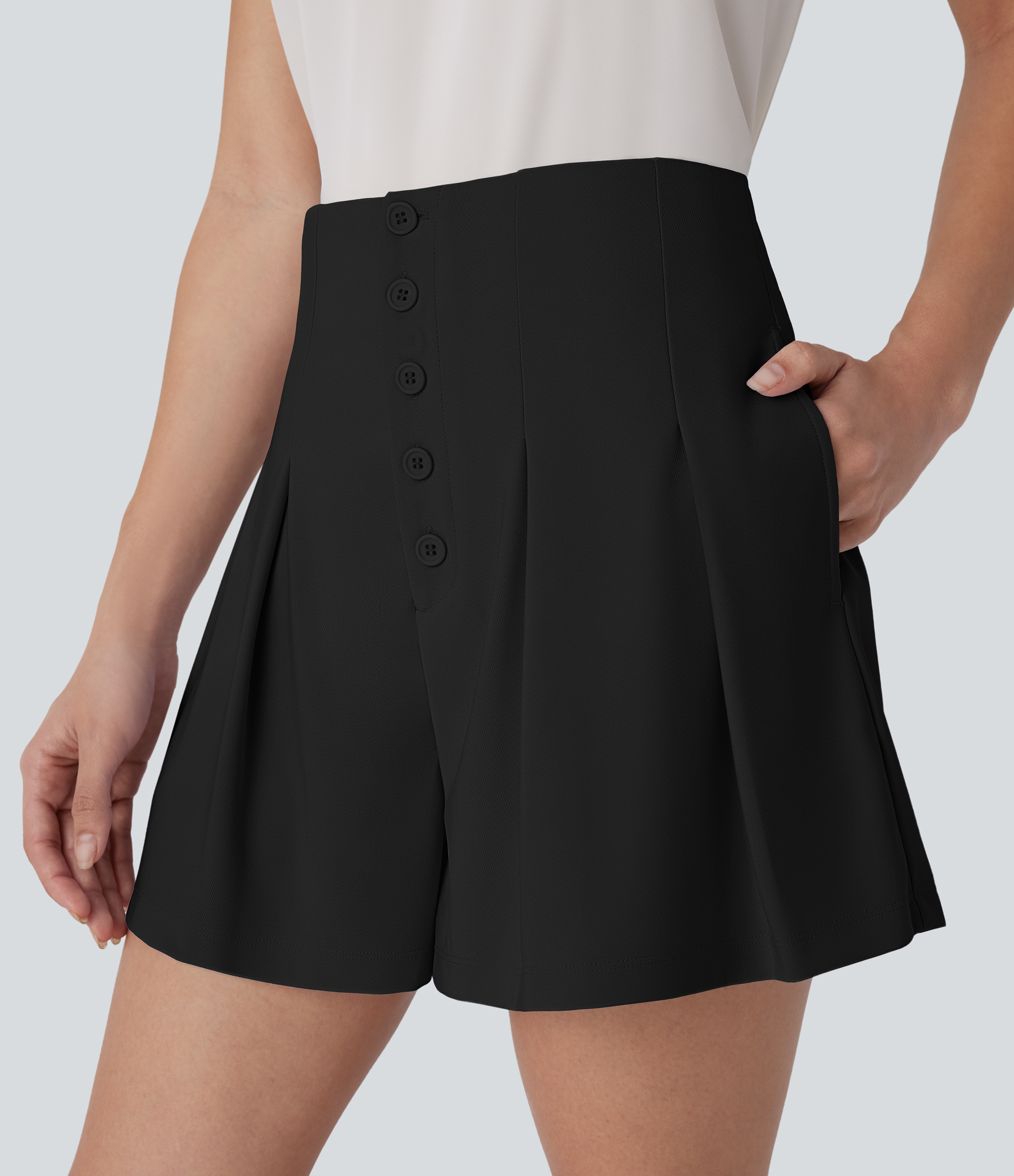 Halara High Waisted Button Side Pocket Work Shorts  - Black - M booty shorts compression shorts yoga shorts 