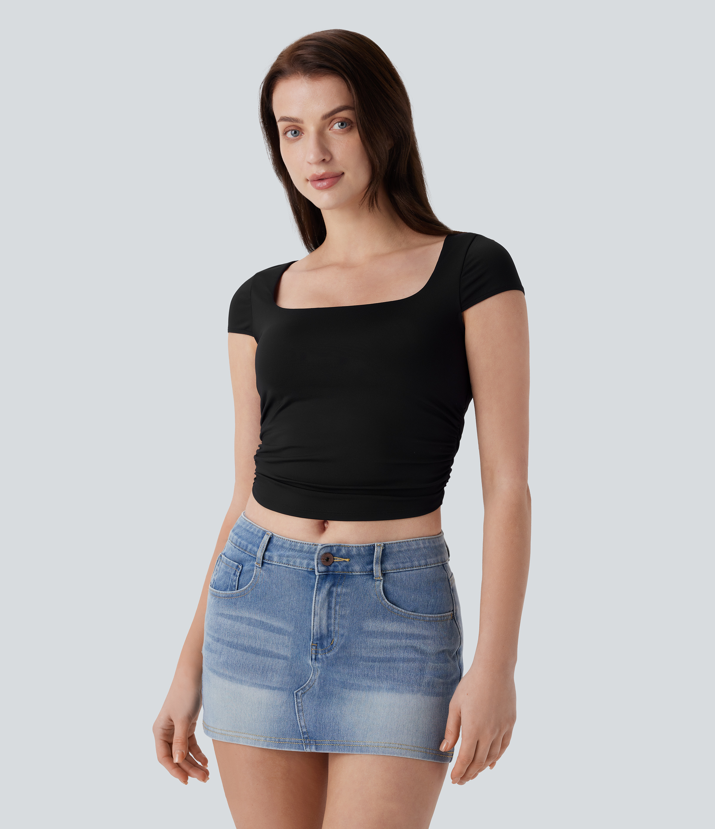 Halara Square Neck Cap Sleeve Ruched Skinny Cropped Casual Baby Tee Tank Top - Black - XL golf tops halter top tunic tops sleeveless tops 