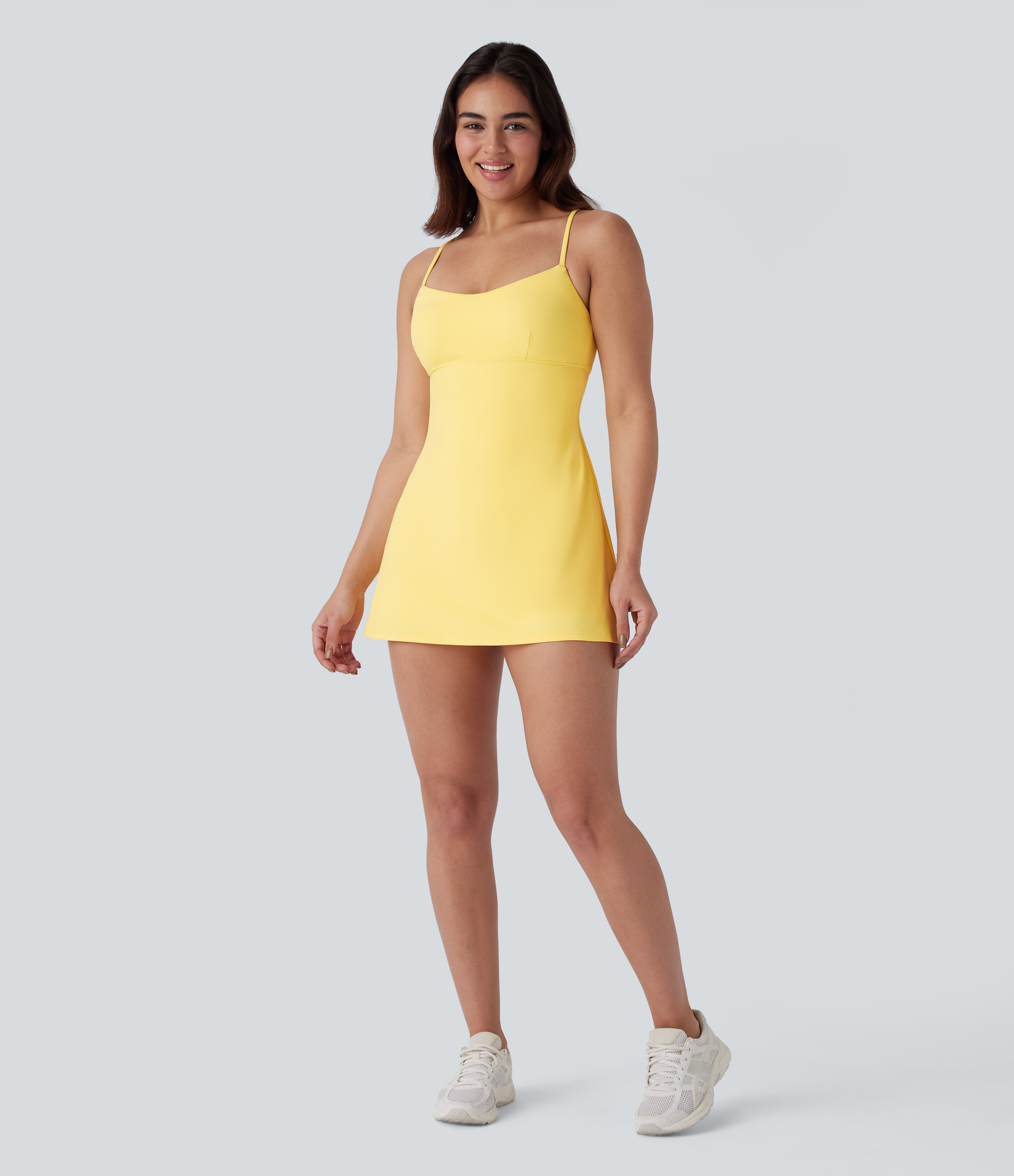 Halara Softlyzeroв„ў Airy Backless Crisscross Lace Up 2-in-1 Side Pocket Mini Cool Touch Dance Active Slip Dress Workout Dress - Goldfinch - XL 