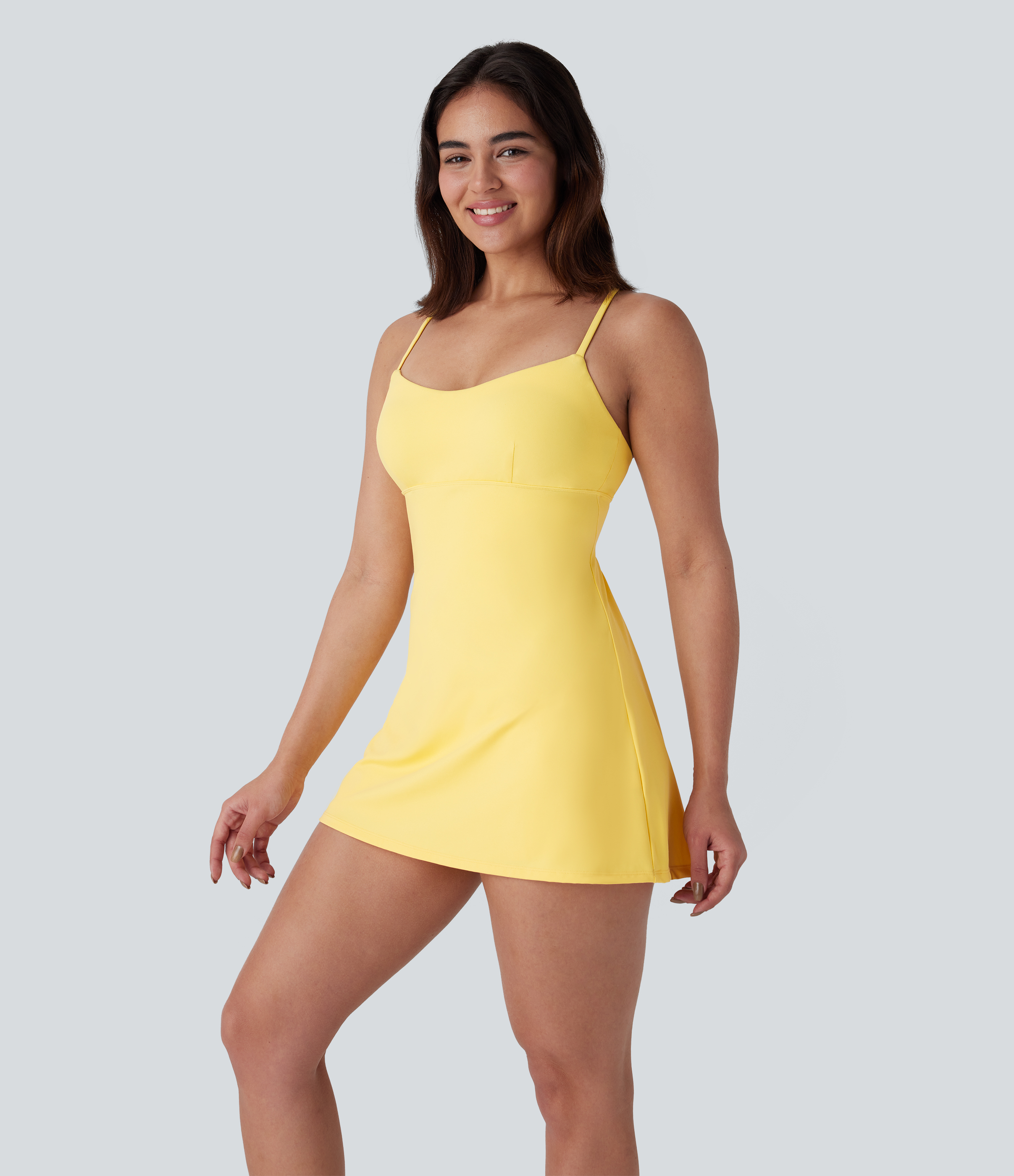 Halara Softlyzeroв„ў Airy Backless Crisscross Lace Up 2-in-1 Side Pocket Mini Cool Touch Dance Active Slip Dress Workout Dress - Goldfinch - XL 