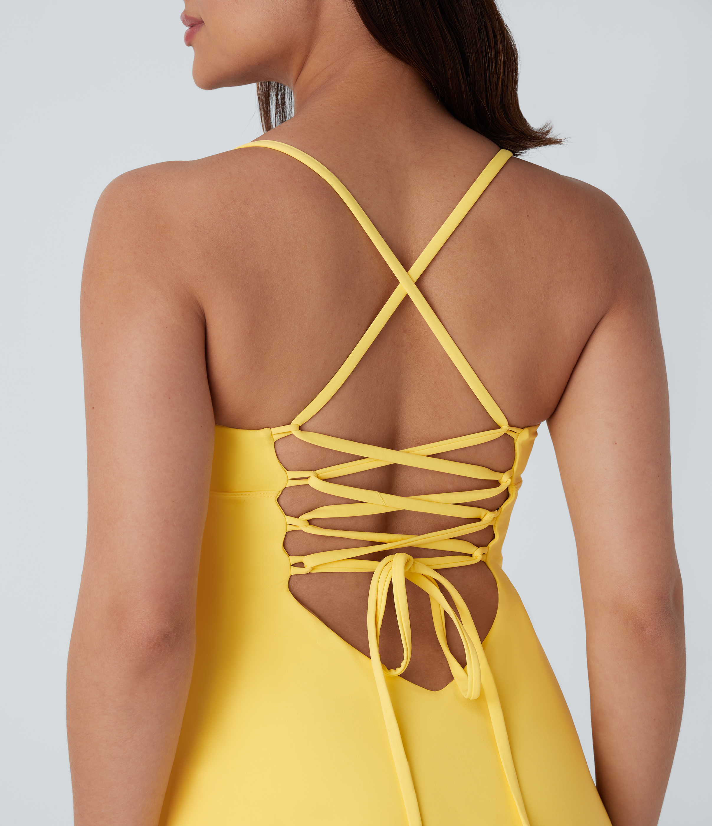Halara Softlyzeroв„ў Airy Backless Crisscross Lace Up 2-in-1 Side Pocket Mini Cool Touch Dance Active Slip Dress Workout Dress - Goldfinch - XL 