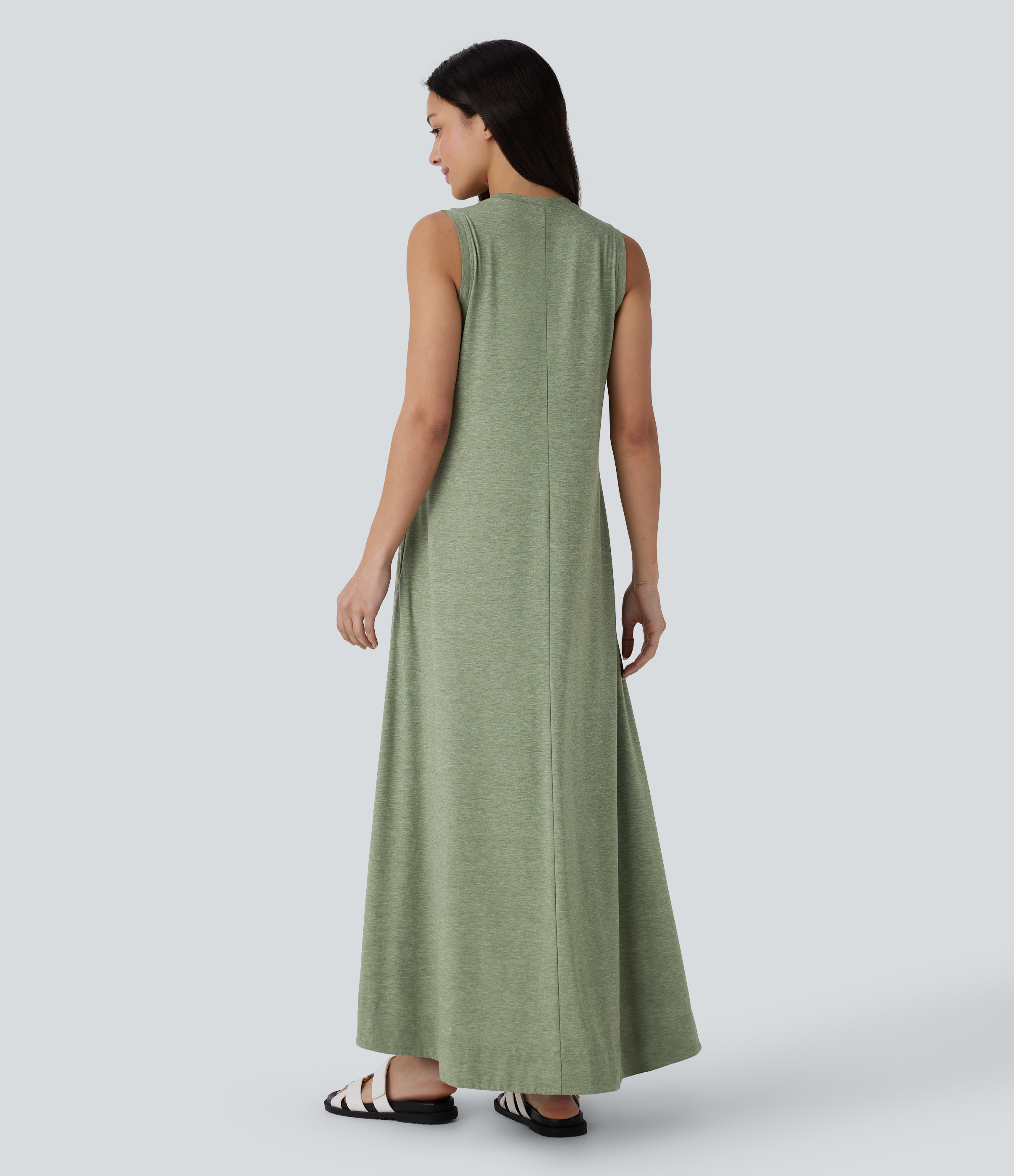 Light Green Floral Yarn Robe maxi décontractée et fluide à encolure ronde, sans manches, avec poches et ourlet haut-bas / 2