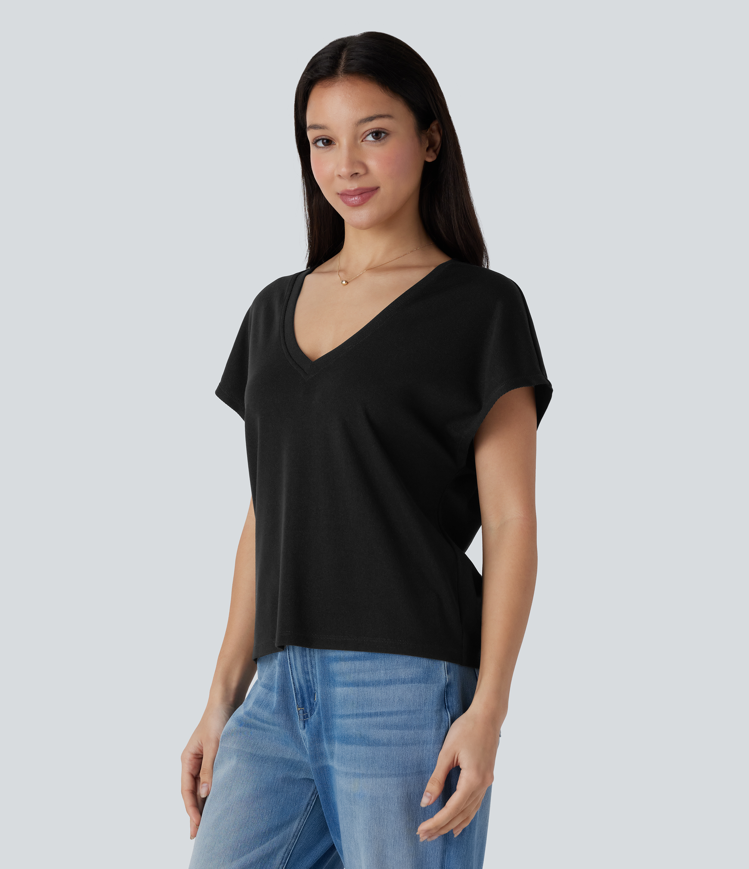 Halara V Neck Short Sleeve Casual Top Tank Top - Black - M golf tops halter top tunic tops sleeveless tops backless top 