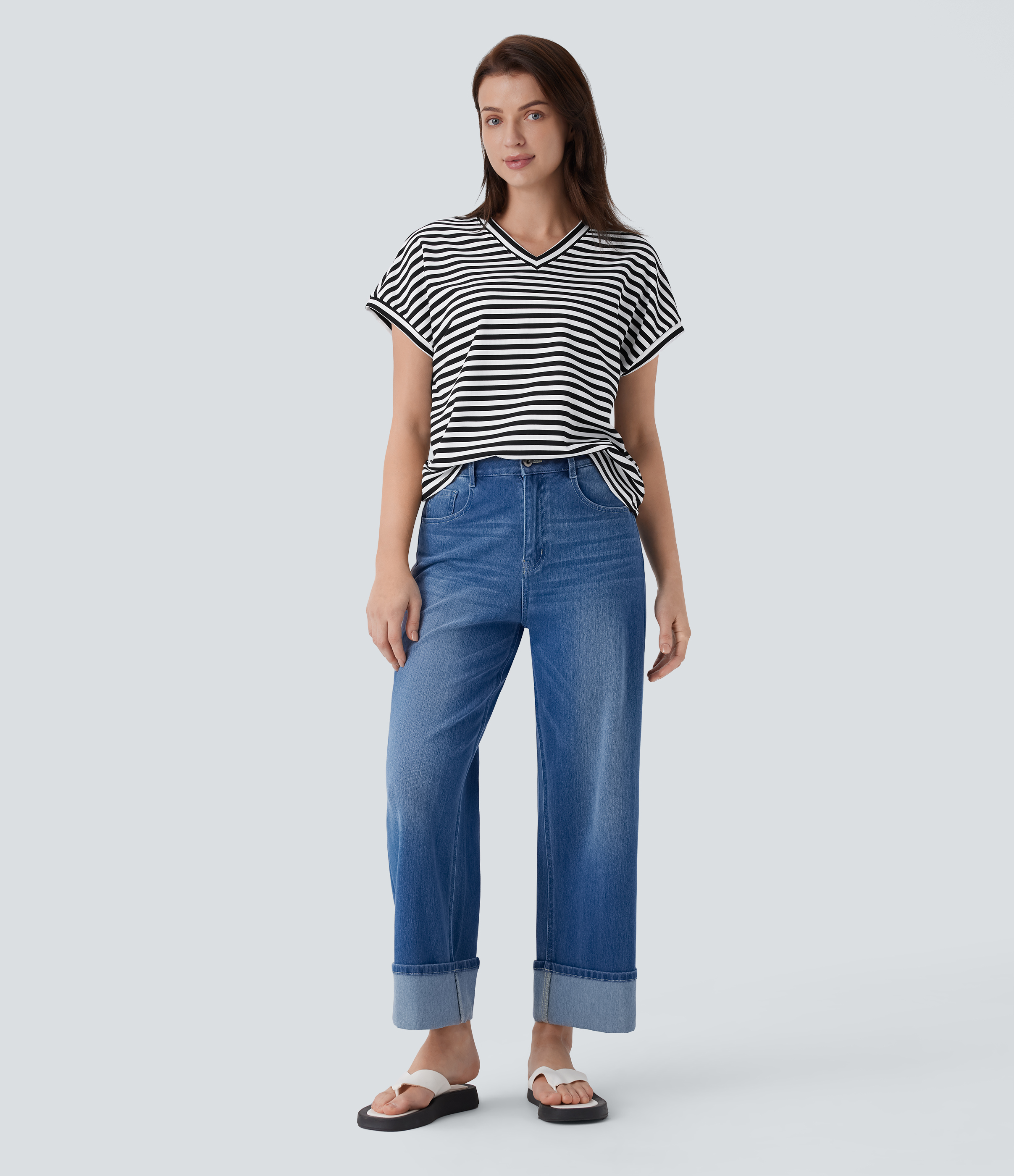 Halara V Neck Stripe Waffle Relax Work Tee  - Black White Horizontal Stripe - M 