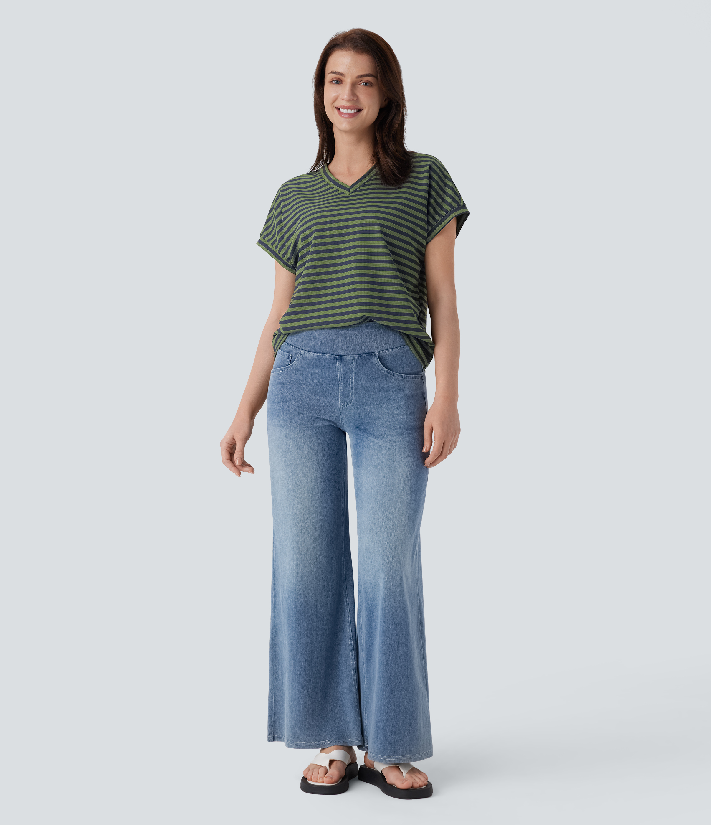 Halara V Neck Stripe Waffle Relax Work Tee  - Matcha Blue Horizontal Stripe - XL 