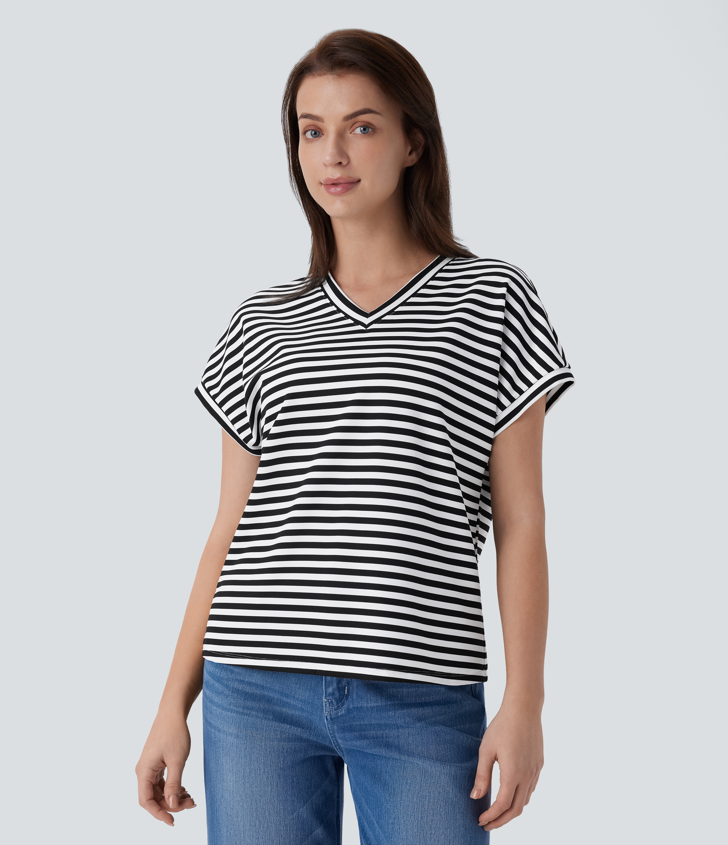 Halara V Neck Stripe Waffle Relax Work Tee  - Black White Horizontal Stripe - M 
