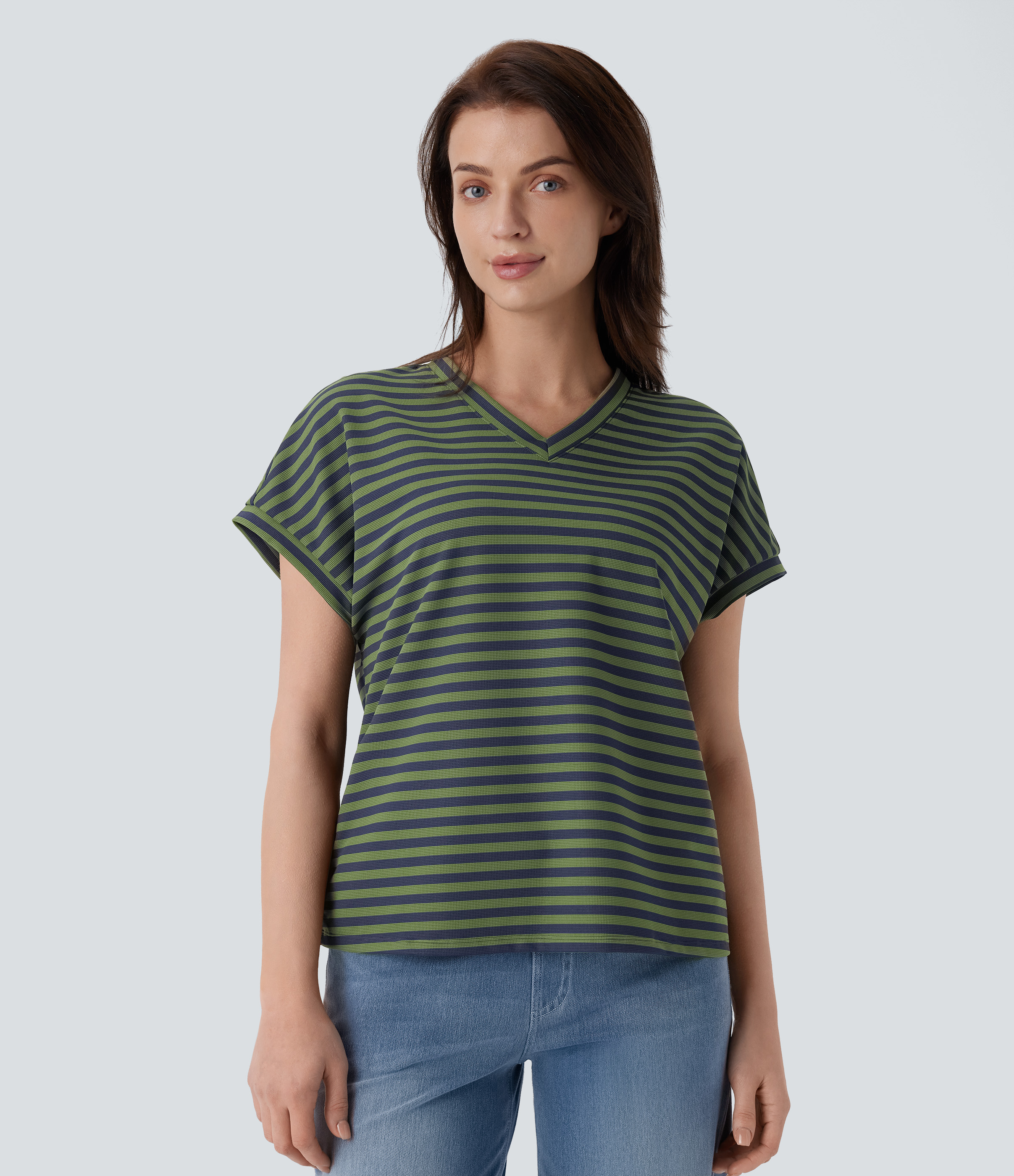 Halara V Neck Stripe Waffle Relax Work Tee  - Matcha Blue Horizontal Stripe - XL 