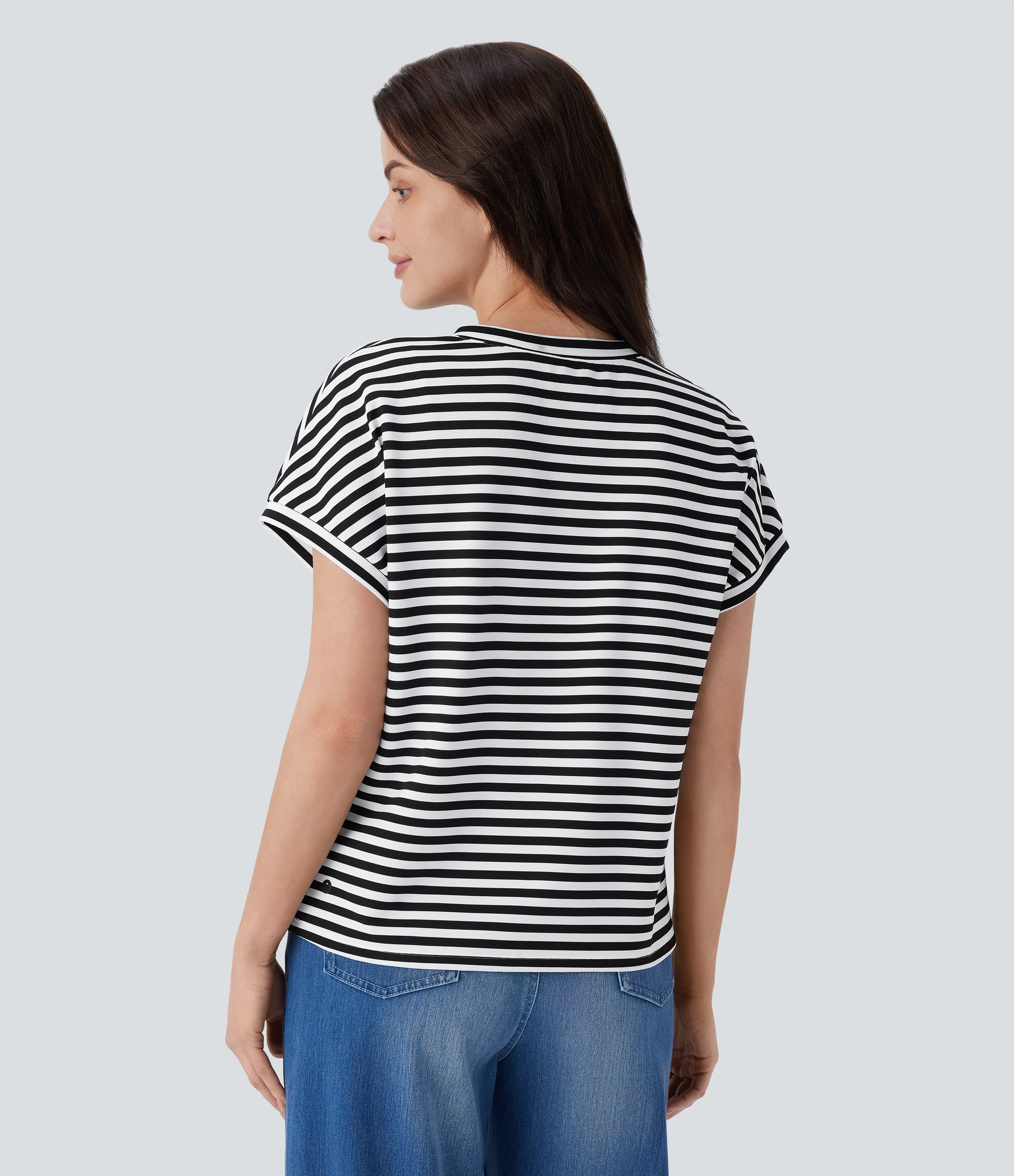 Halara V Neck Stripe Waffle Relax Work Tee  - Black White Horizontal Stripe - M 