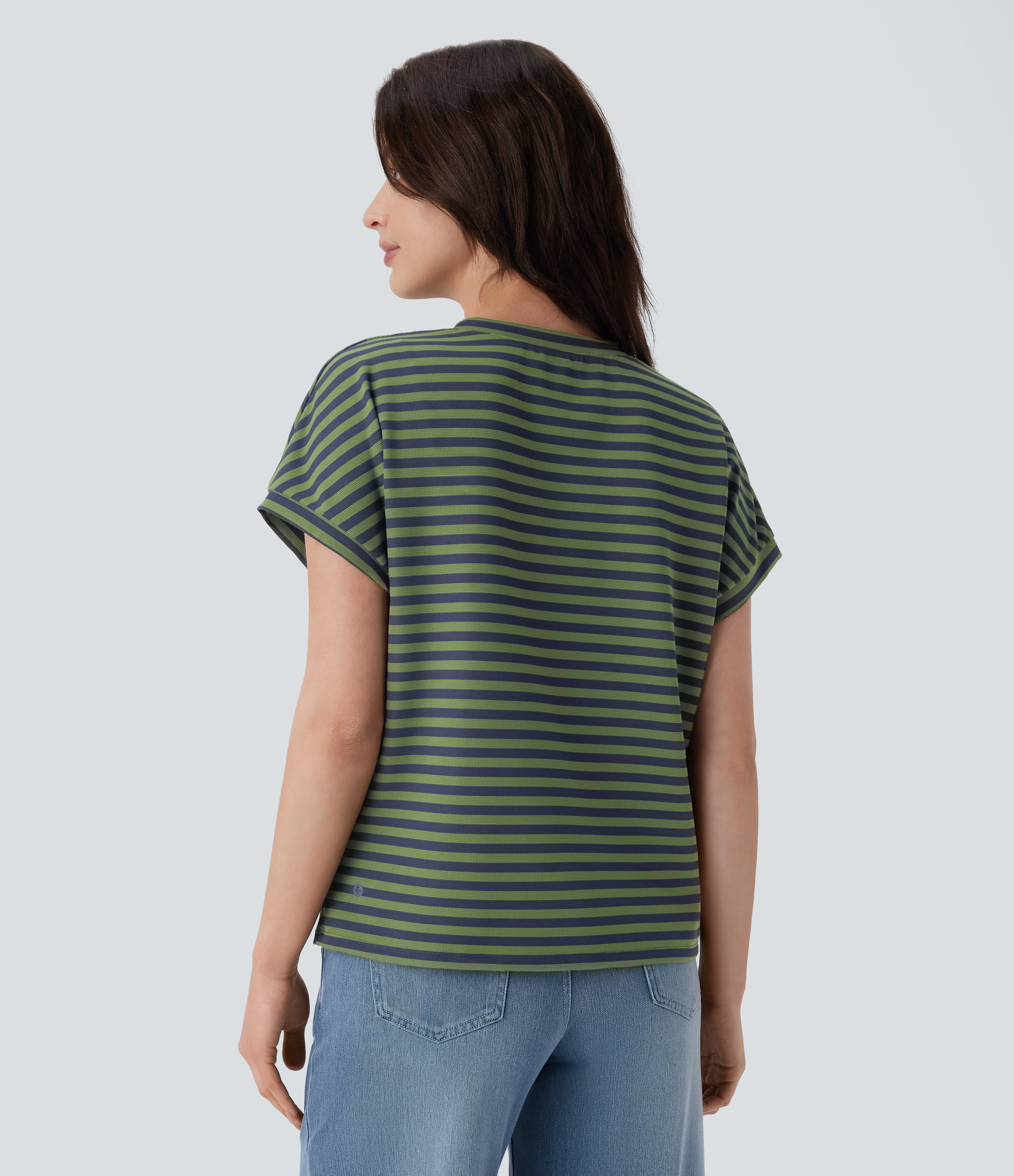 Halara V Neck Stripe Waffle Relax Work Tee  - Matcha Blue Horizontal Stripe - XL 