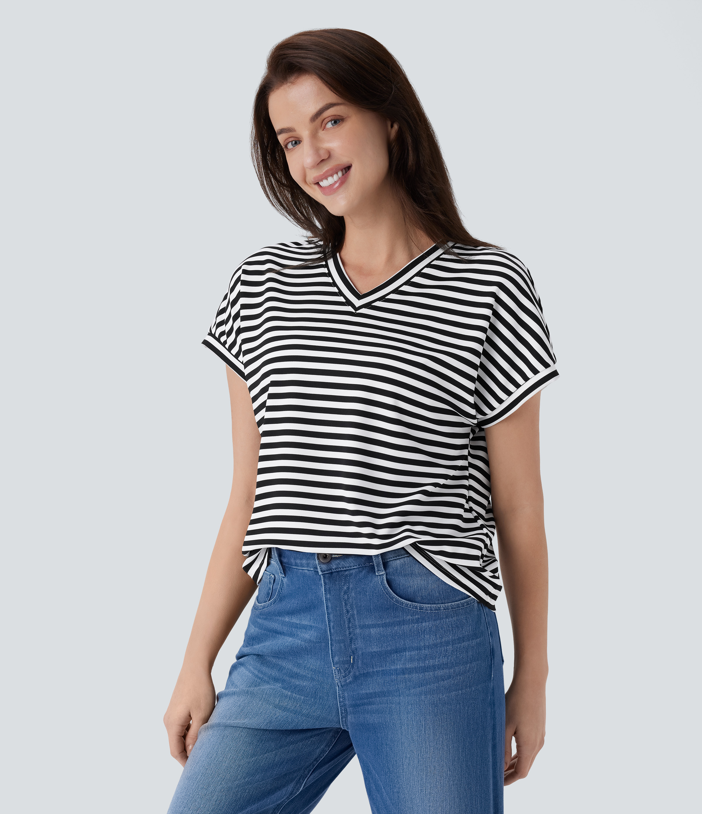 Halara V Neck Stripe Waffle Relax Work Tee  - Black White Horizontal Stripe - M 