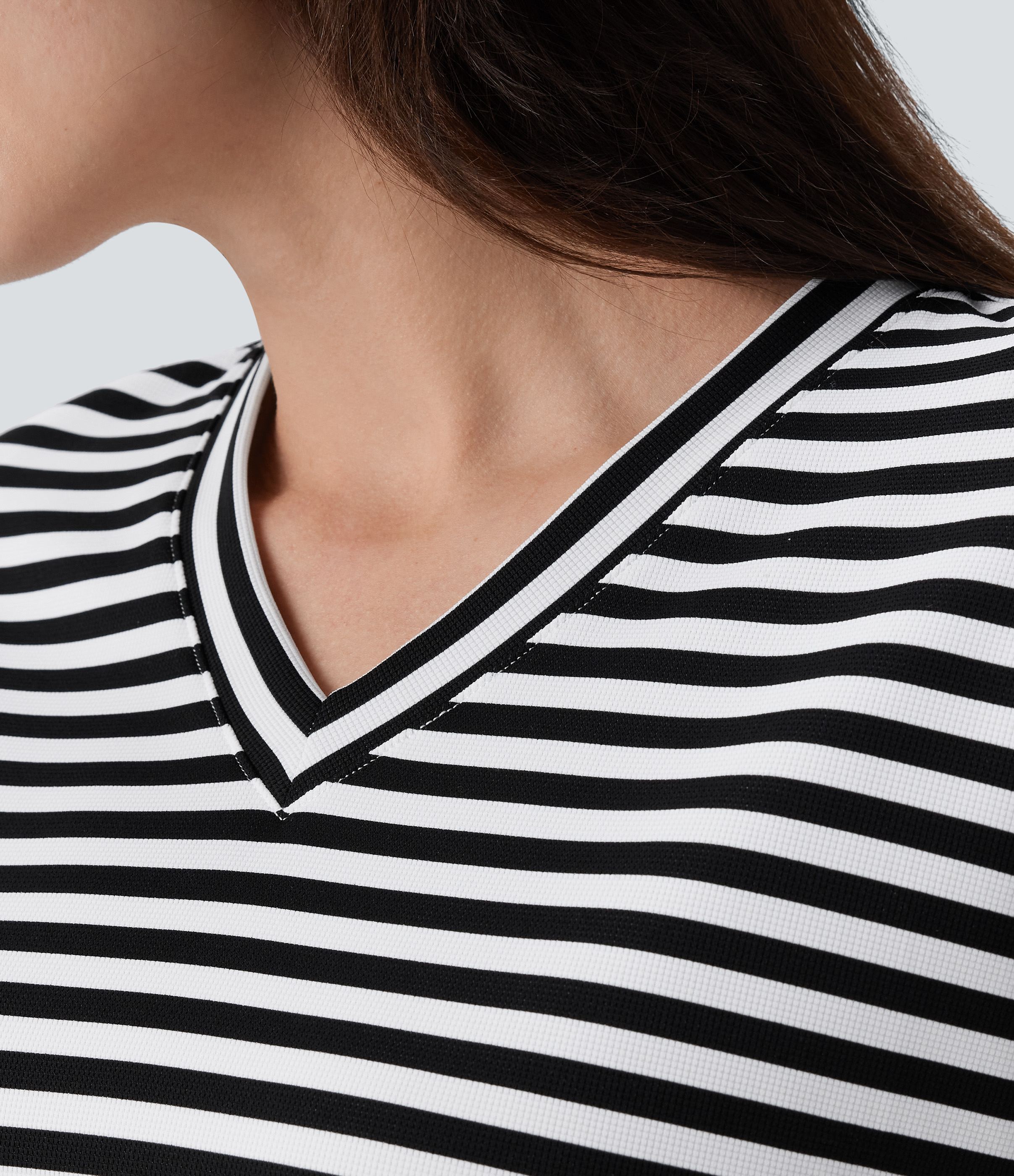 Halara V Neck Stripe Waffle Relax Work Tee  - Black White Horizontal Stripe - M 