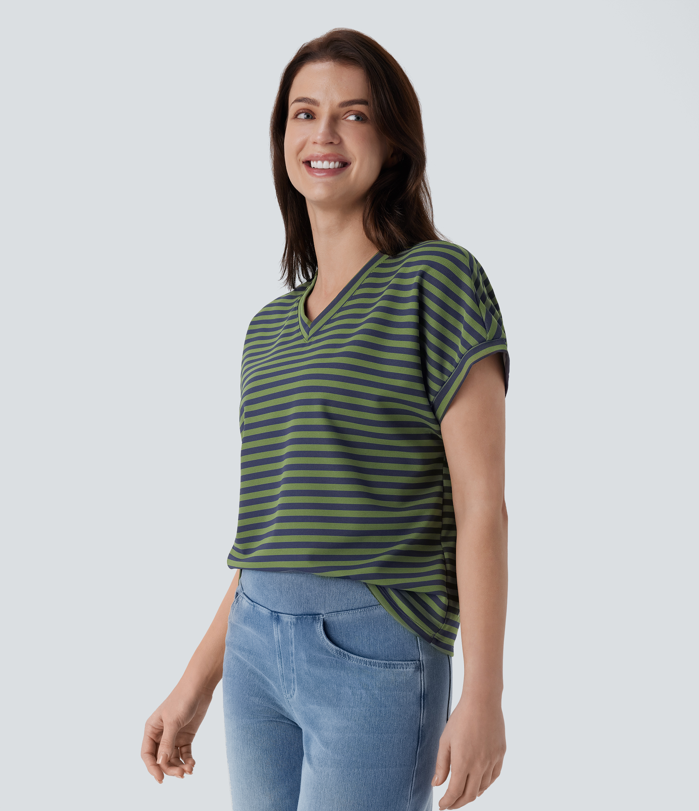 Halara V Neck Stripe Waffle Relax Work Tee  - Matcha Blue Horizontal Stripe - XL 