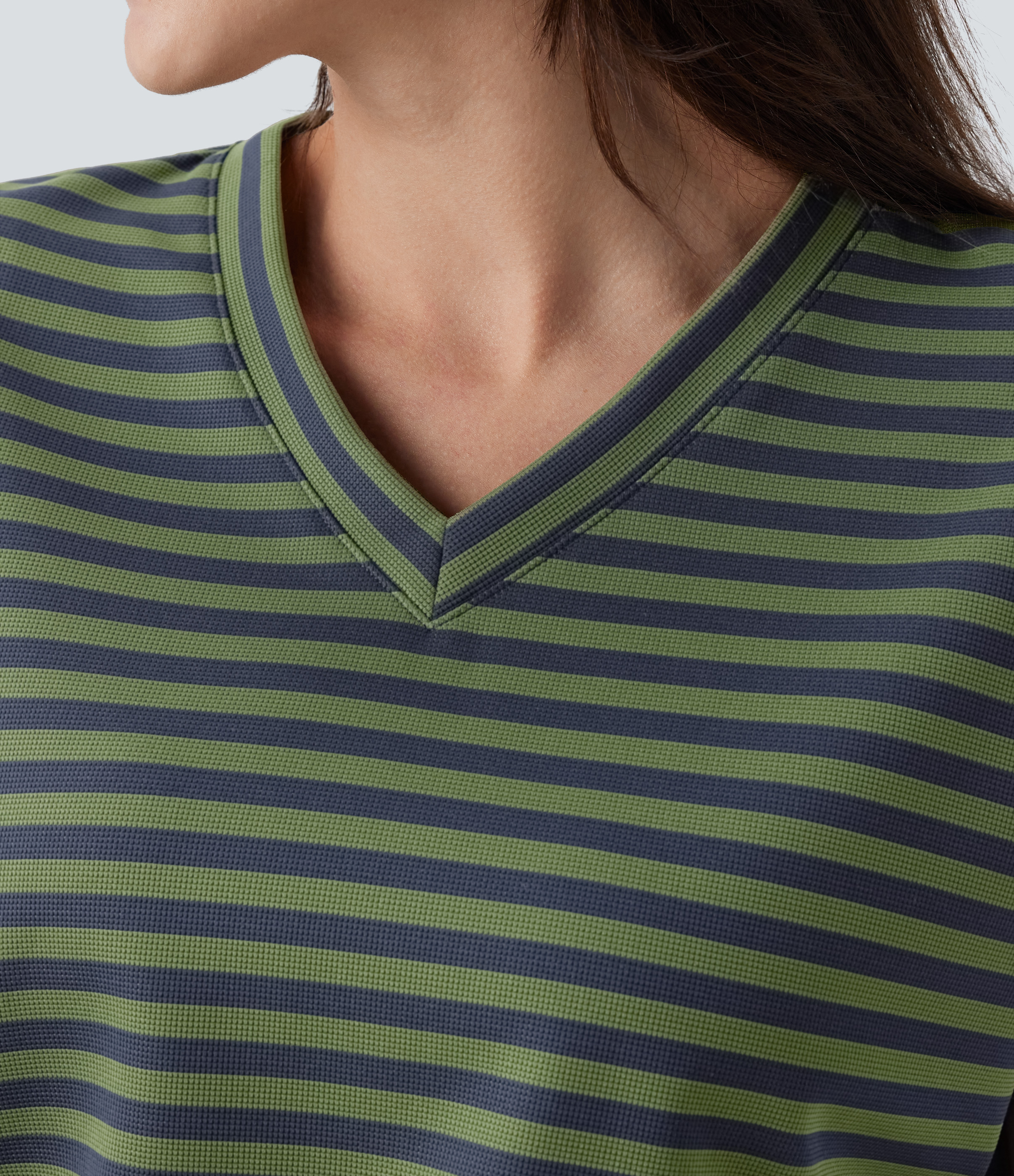 Halara V Neck Stripe Waffle Relax Work Tee  - Matcha Blue Horizontal Stripe - XL 