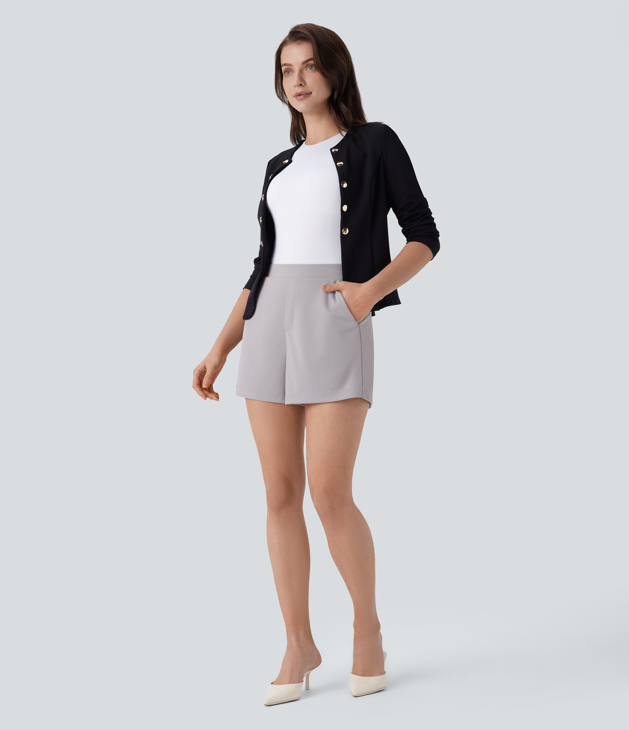 Halara High Waisted Side Pocket Work Shorts 4``  - Gull - M booty shorts compression shorts yoga shorts 