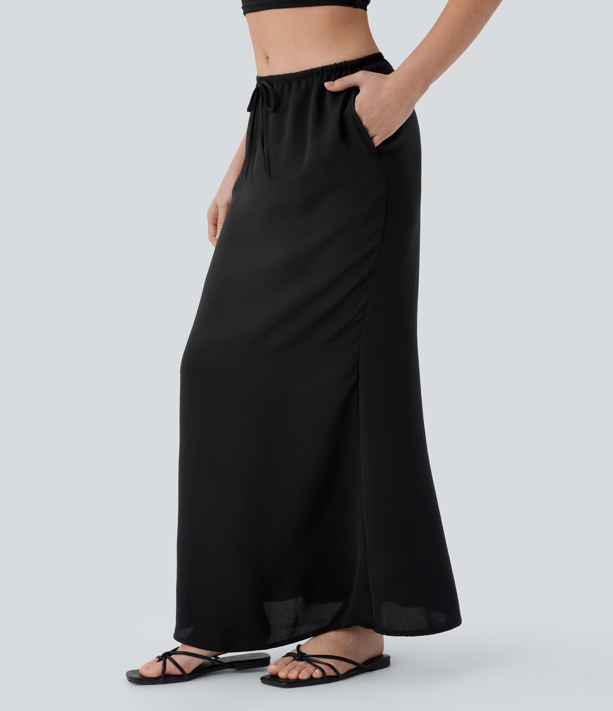 Halara Low Rise Drawstring Side Pocket Maxi Linen-Feel Resort Skirt  - Black - XS(regular) 