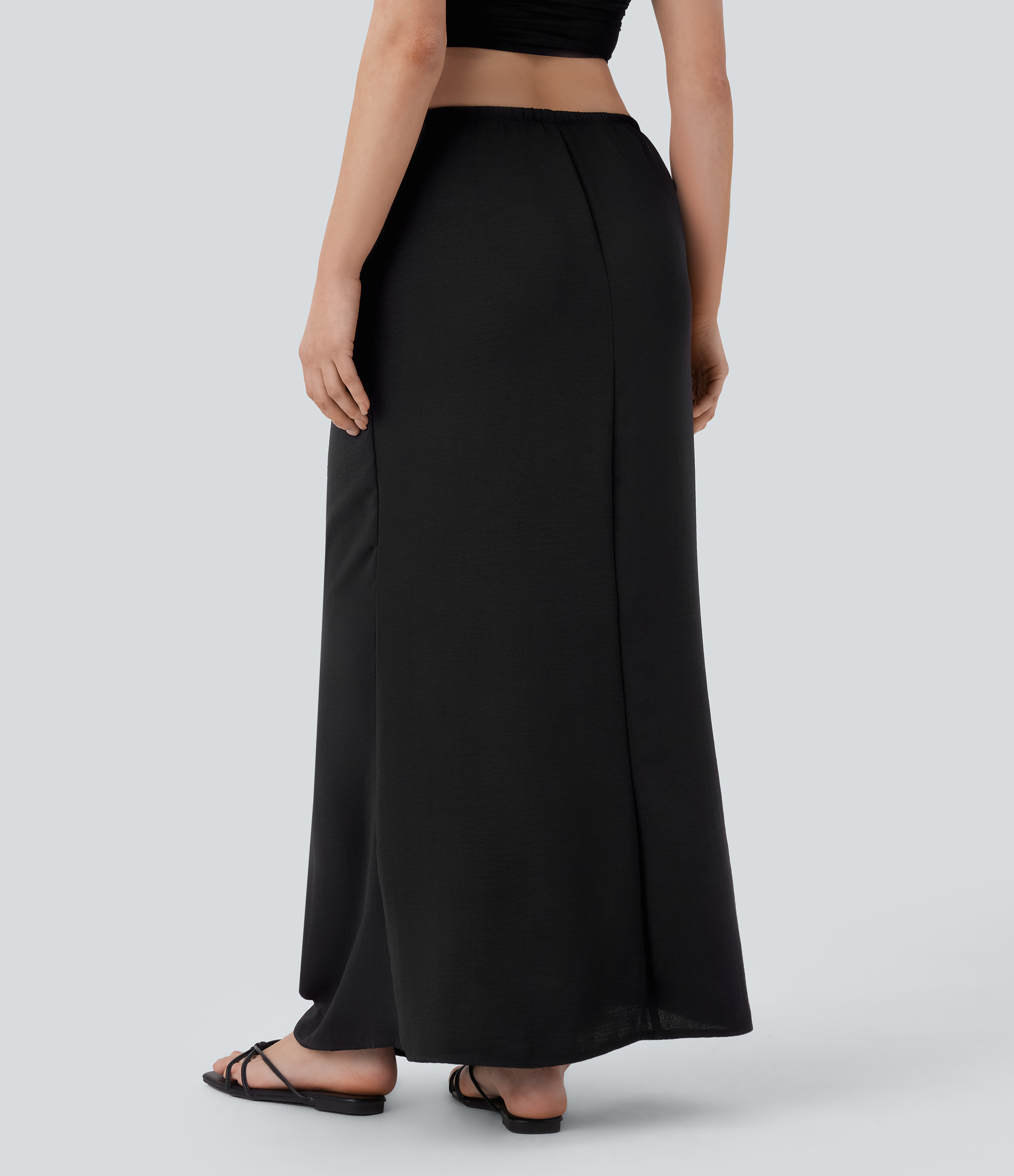 Halara Low Rise Drawstring Side Pocket Maxi Linen-Feel Resort Skirt  - Black - XS(regular) 