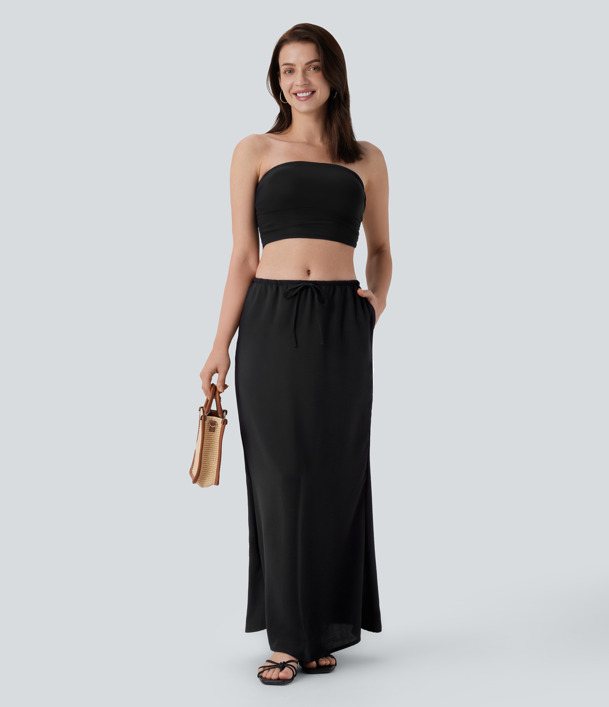 Halara Low Rise Drawstring Side Pocket Maxi Linen-Feel Resort Skirt  - Black - XS(regular) 
