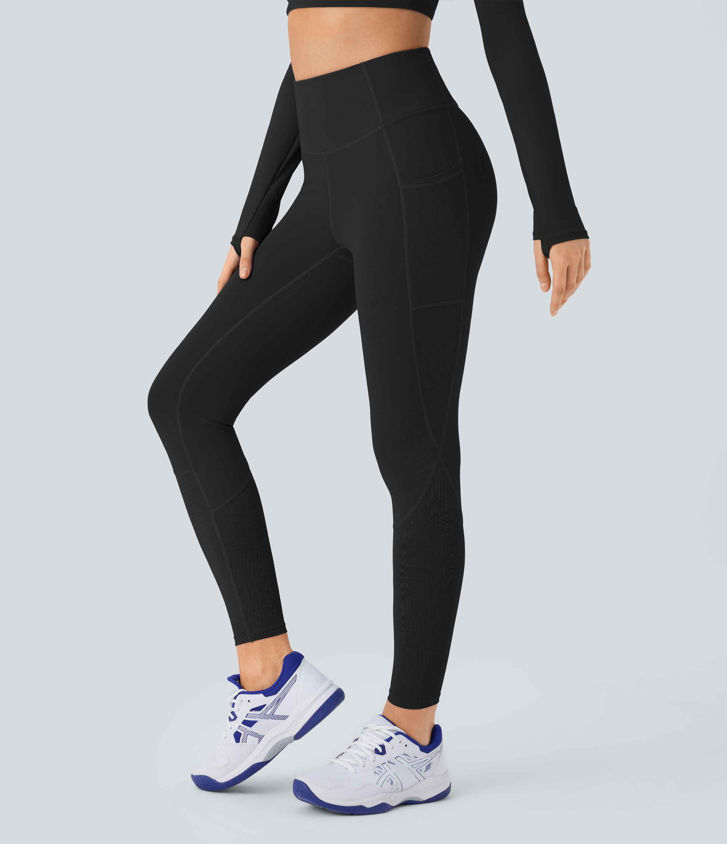 Halara Softlyzeroв„ў SoCinched High Waisted Tummy Control Side Pocket Perforated 7/8 Yoga Leggings  - Black - S(7/8) gym leggings 