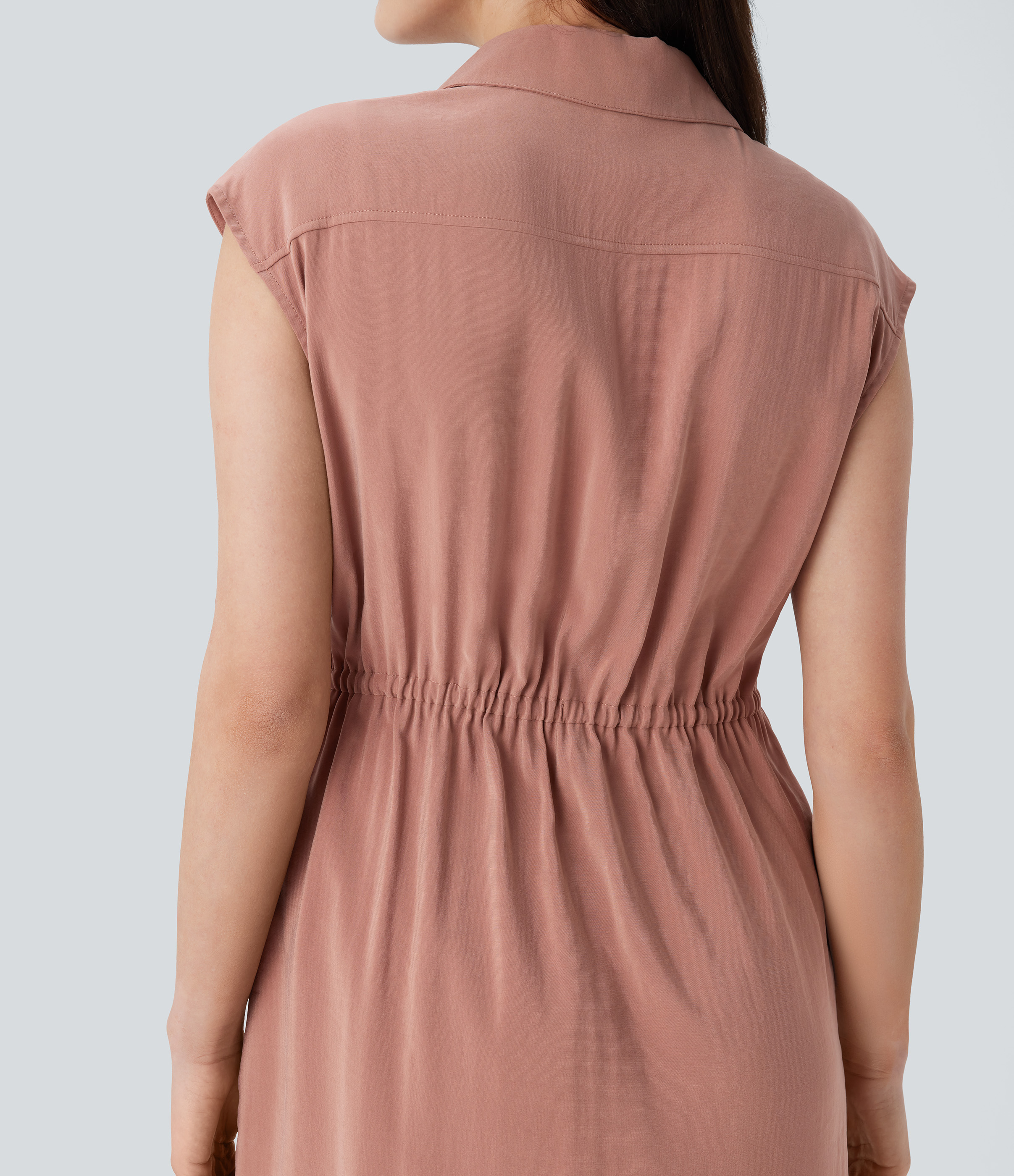Halara Collared Sleeveless Multiple Pockets Drawstring Split Midi Work Shirt Dress Casual Dress - Praline - XS slip dress beach dress 